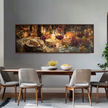 a large painting of a table set with food and wine, hanging on a wall above a wooden dining table with four chairs.