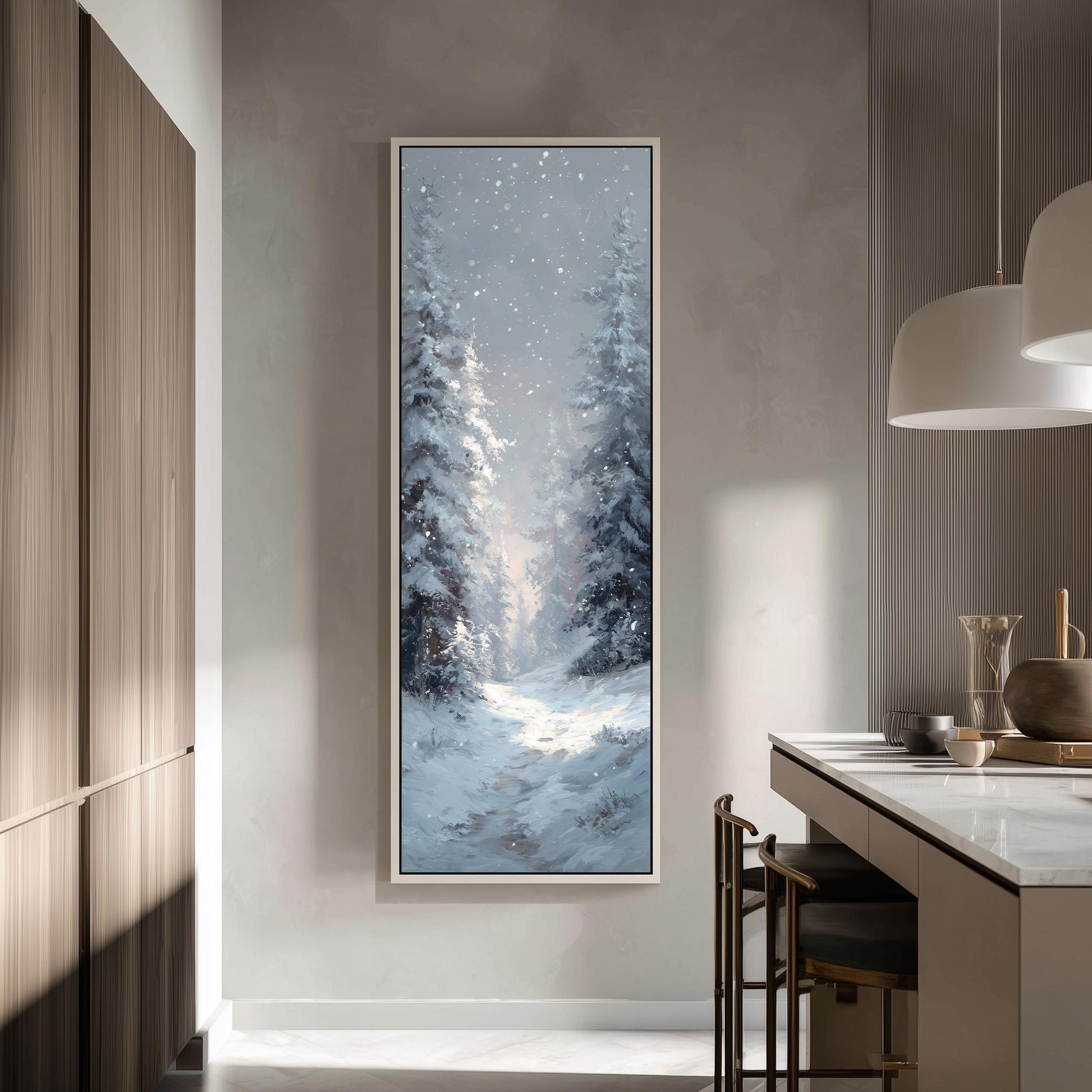 a large, framed painting of a snowy winter landscape hanging on a wall in a modern, minimalist kitchen.