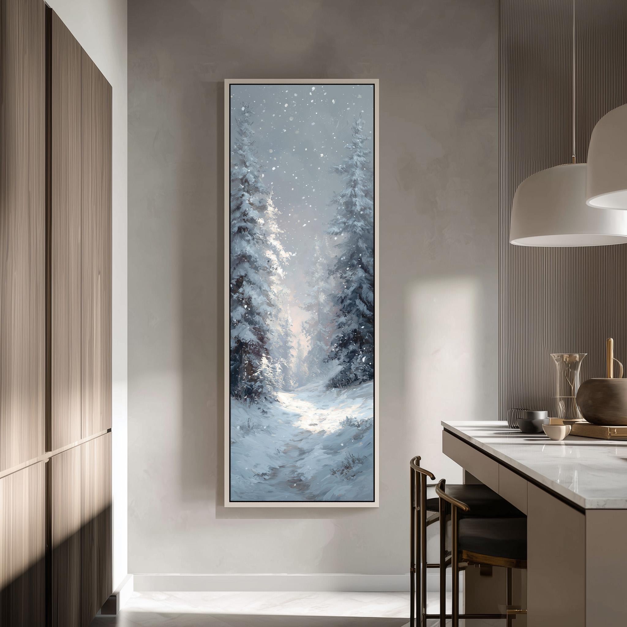a large, framed painting of a snowy winter landscape hanging on a wall in a modern, minimalist kitchen.