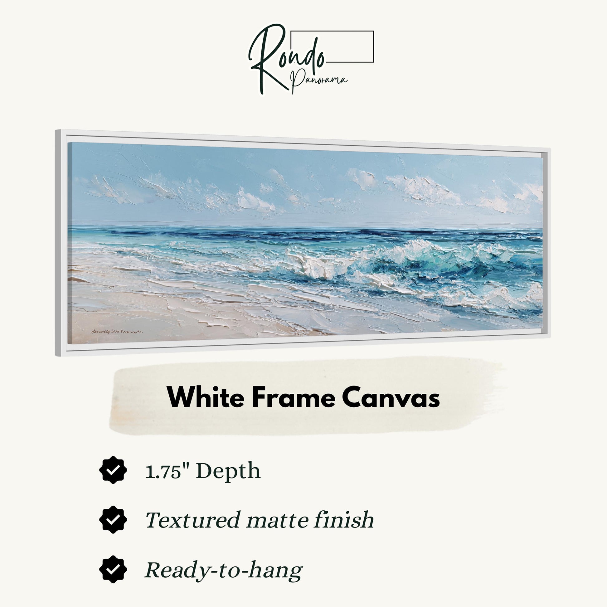The image is a white frame canvas depicting a serene beach scene with waves crashing on the shore.