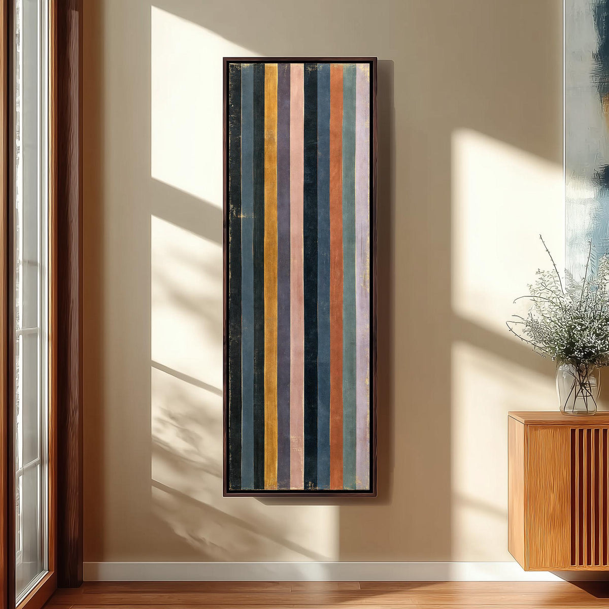 Vertical stripes in navy, rust and mauve tall skinny canvas print in a sunlit living space
