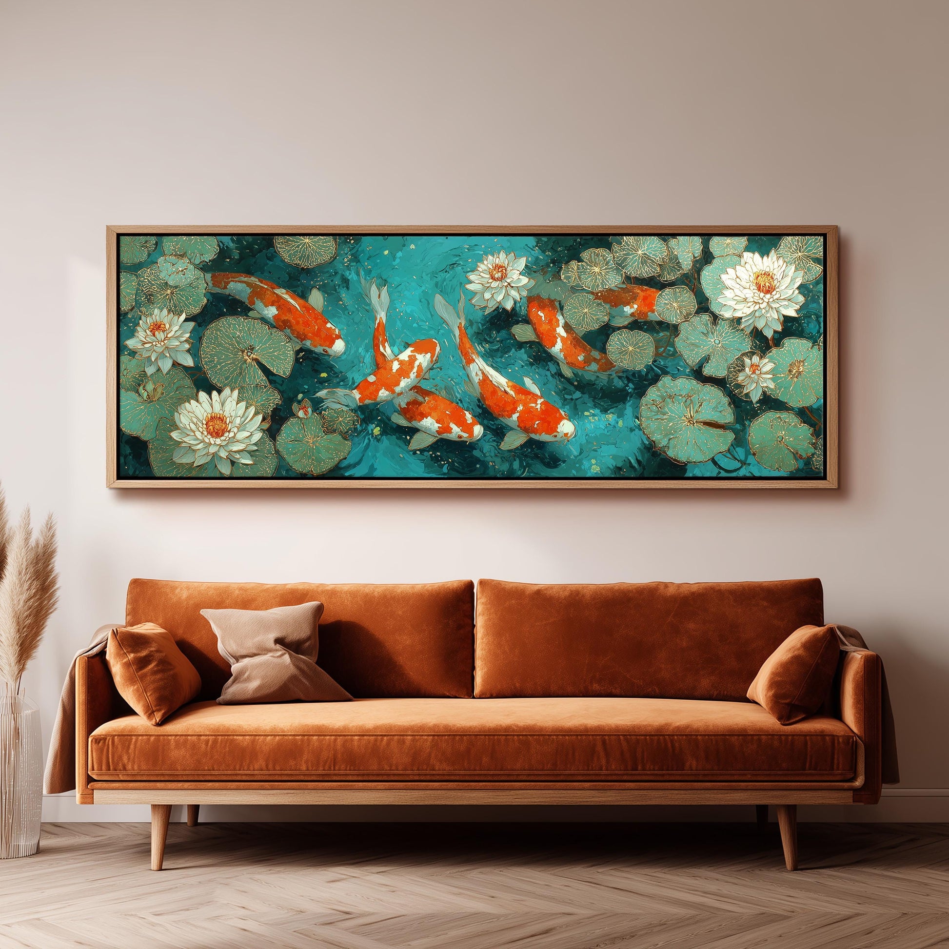 a large painting of koi fish swimming in a pond, hanging on a wall above a brown sofa.
