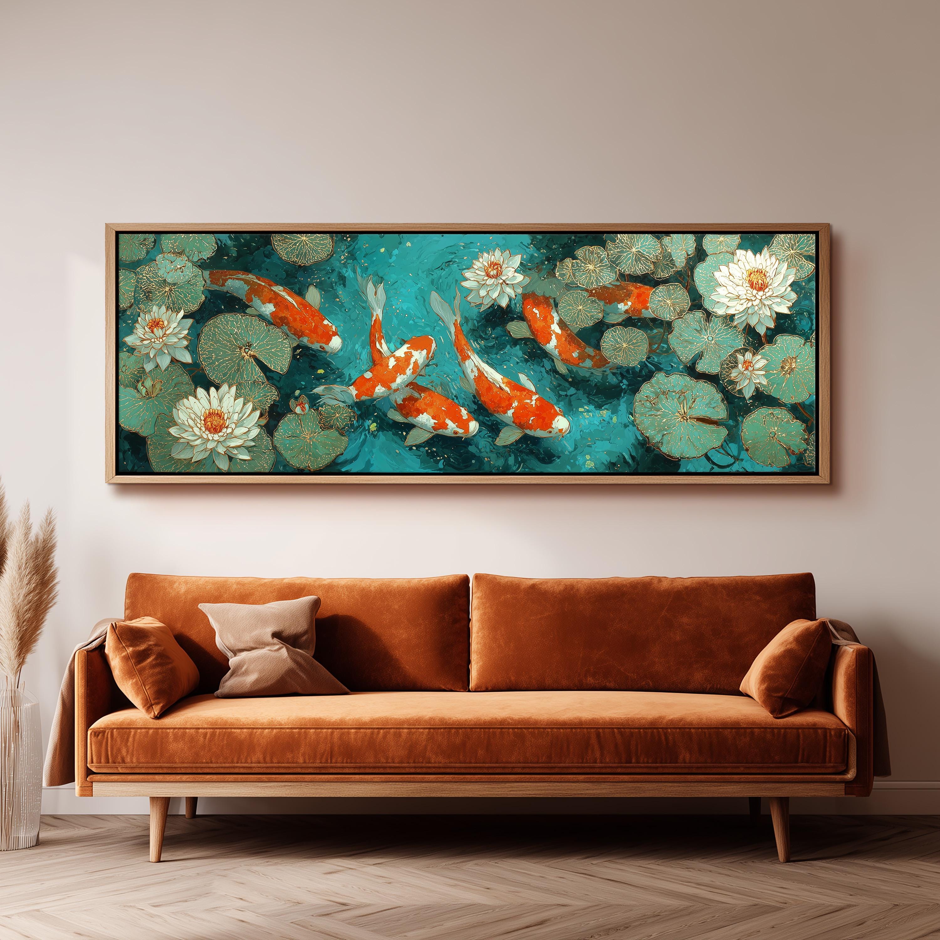 a large painting of koi fish swimming in a pond, hanging on a wall above a brown sofa.