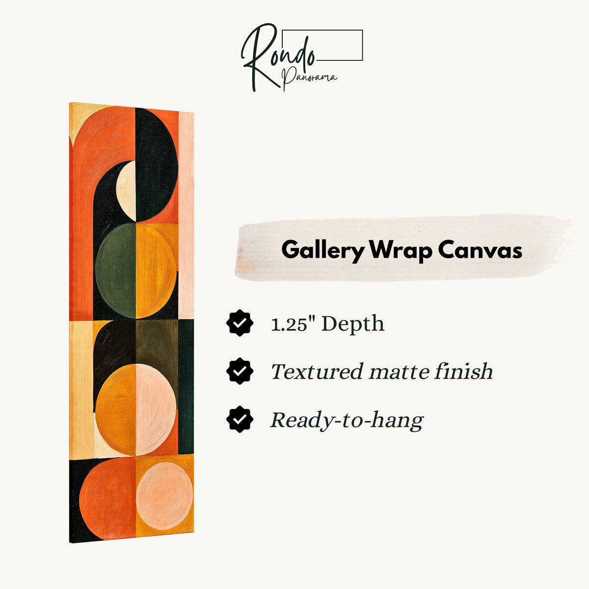 Stacked half moons and circles in orange and olive gallery wrap canvas with the image wrapped around the edges