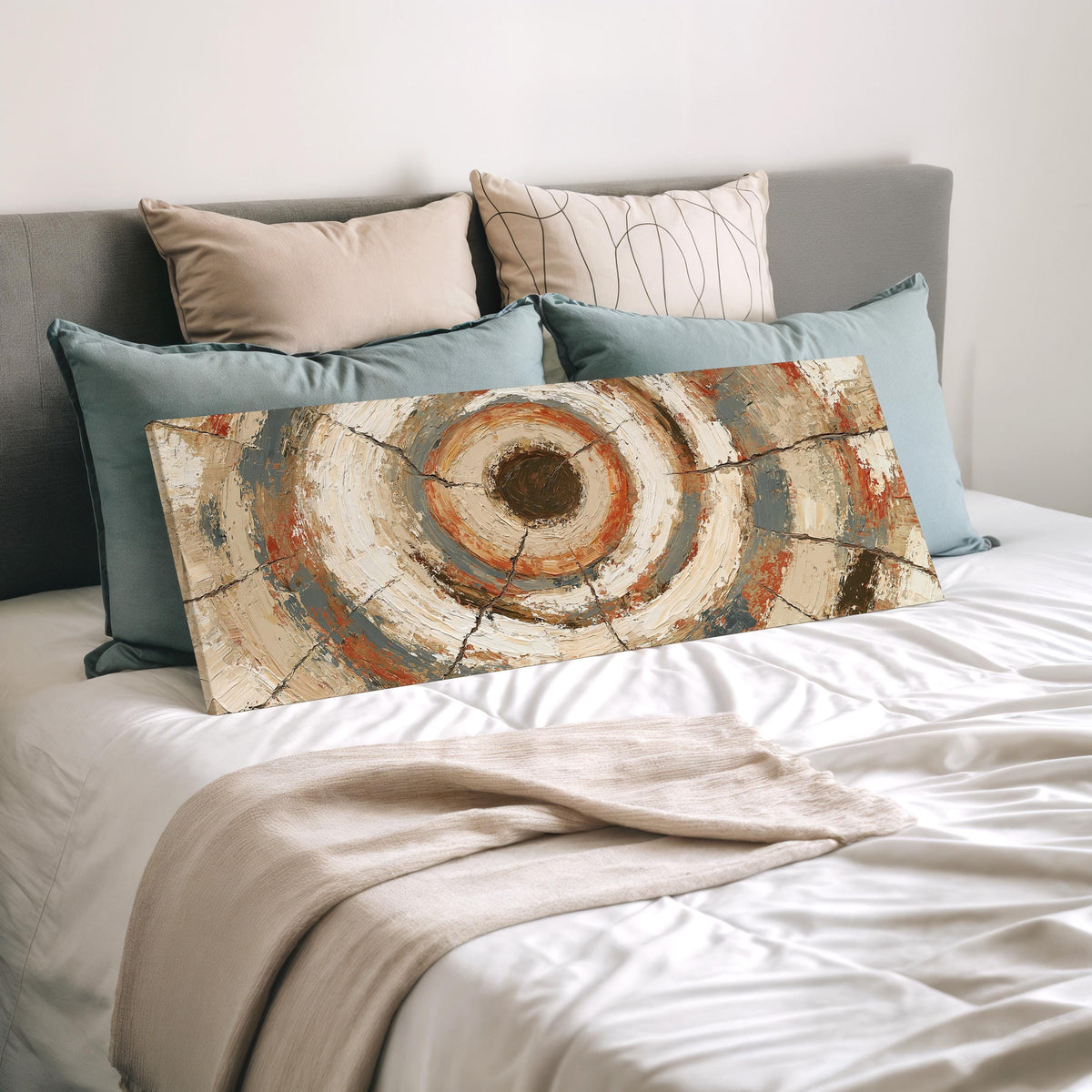 Rust and navy textured tree ring wide panoramic canvas print laid on a bed to show its size