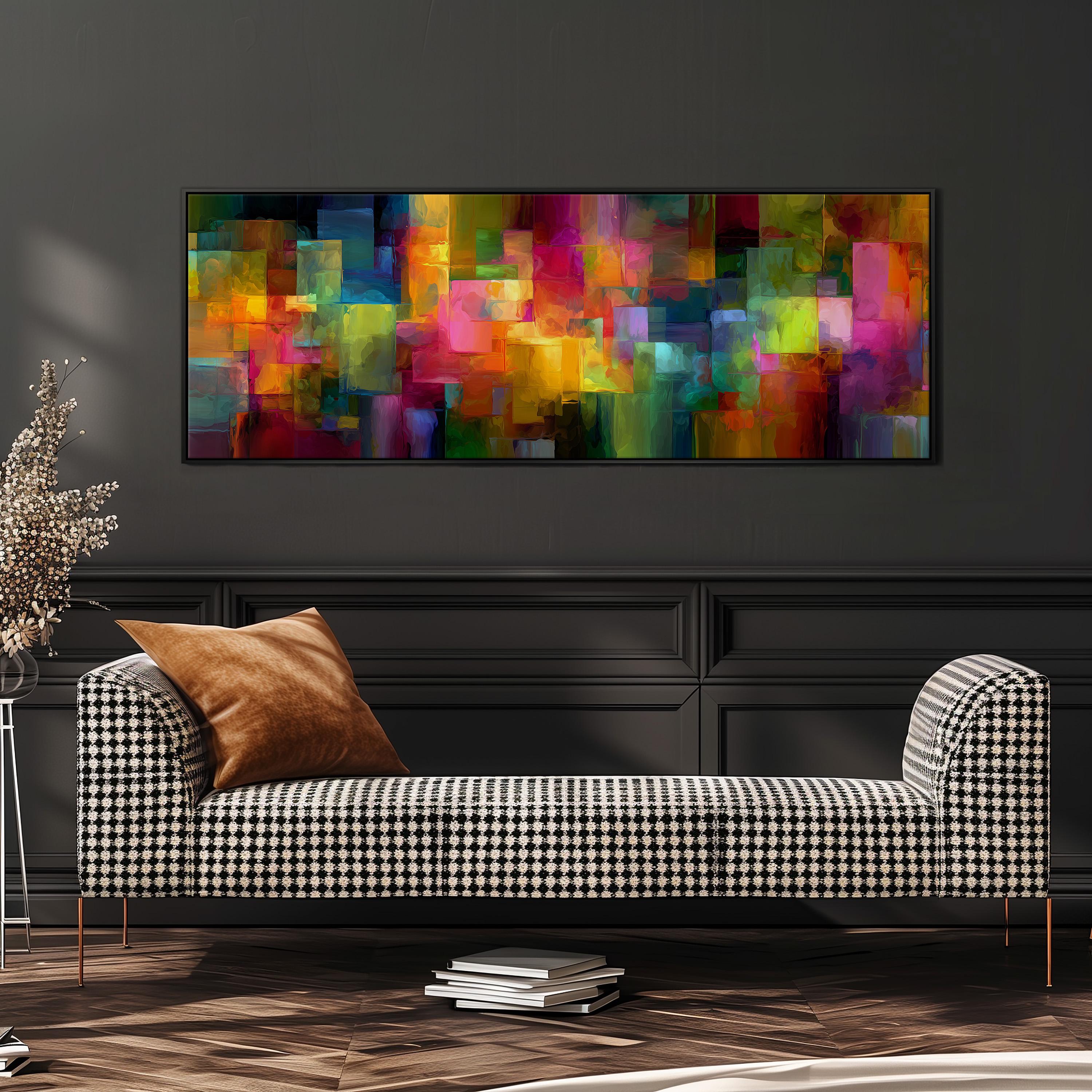 a modern living room with a black and white checkered sofa, a stack of books, and a large abstract painting hanging on the wall above the sofa.