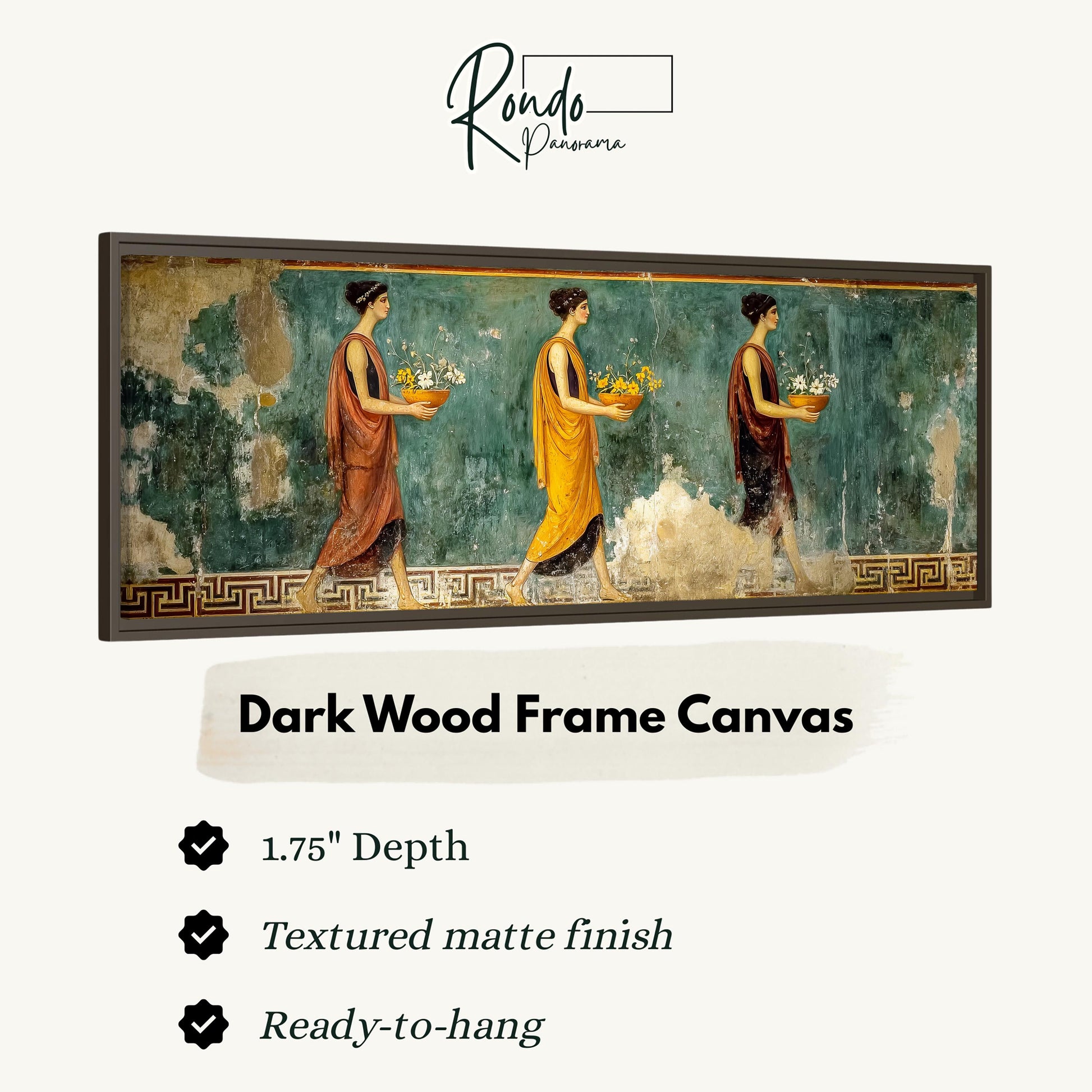 The image is a framed artwork depicting three women in colorful dresses carrying baskets of flowers. The artwork is displayed in a dark wood frame.