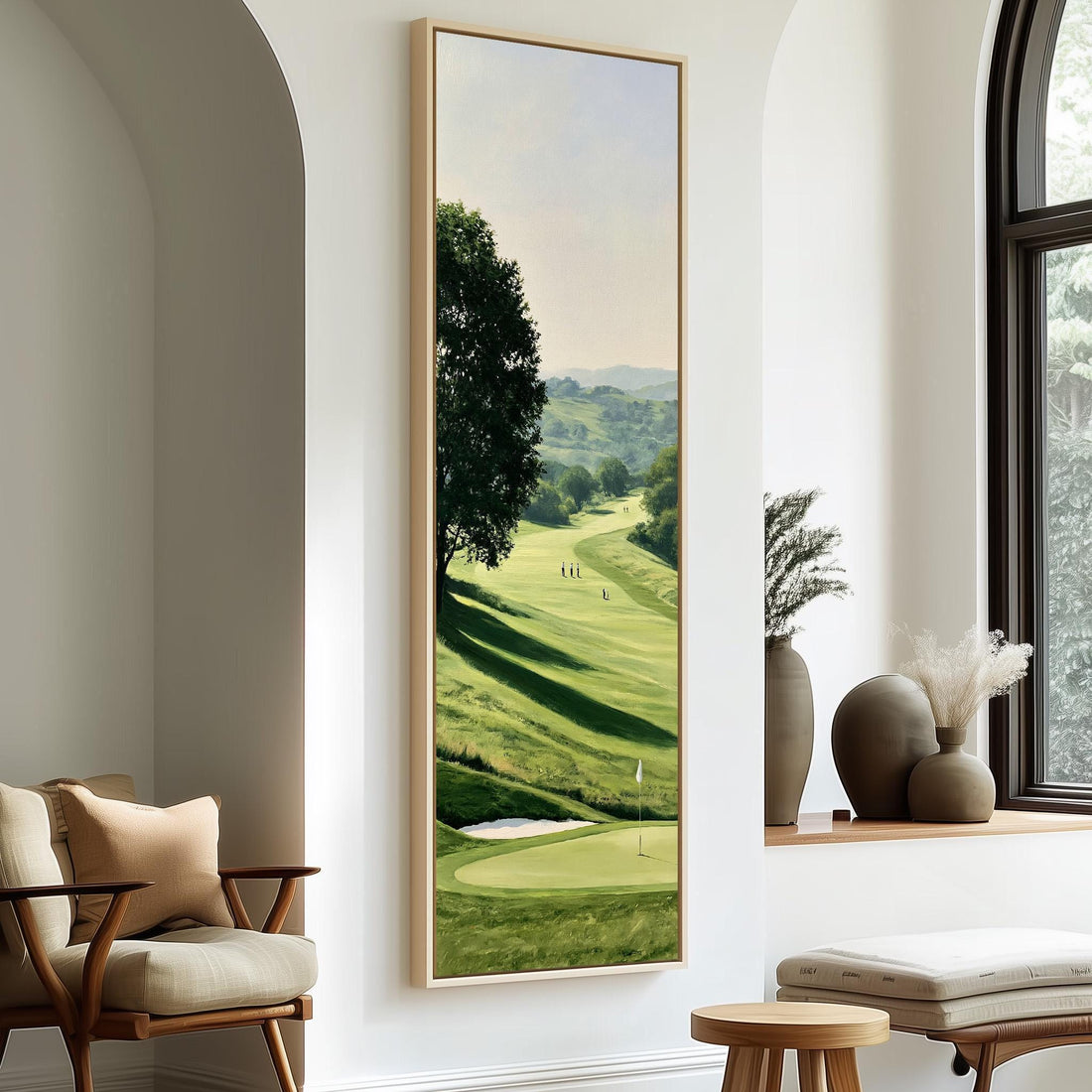 Golf green and fairway on a summer day long vertical canvas print in a sunlit living space