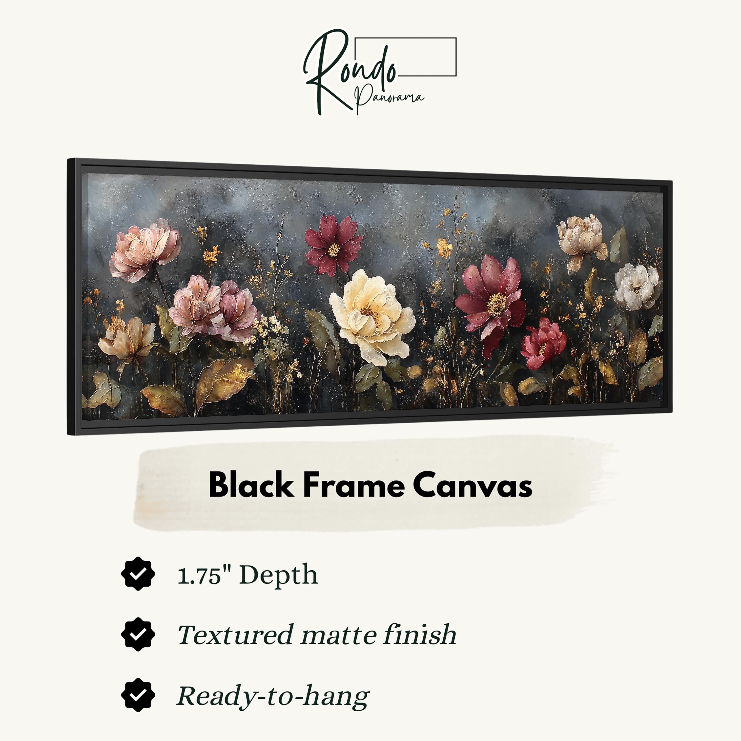 The image is a black frame canvas featuring a painting of flowers in a field.
