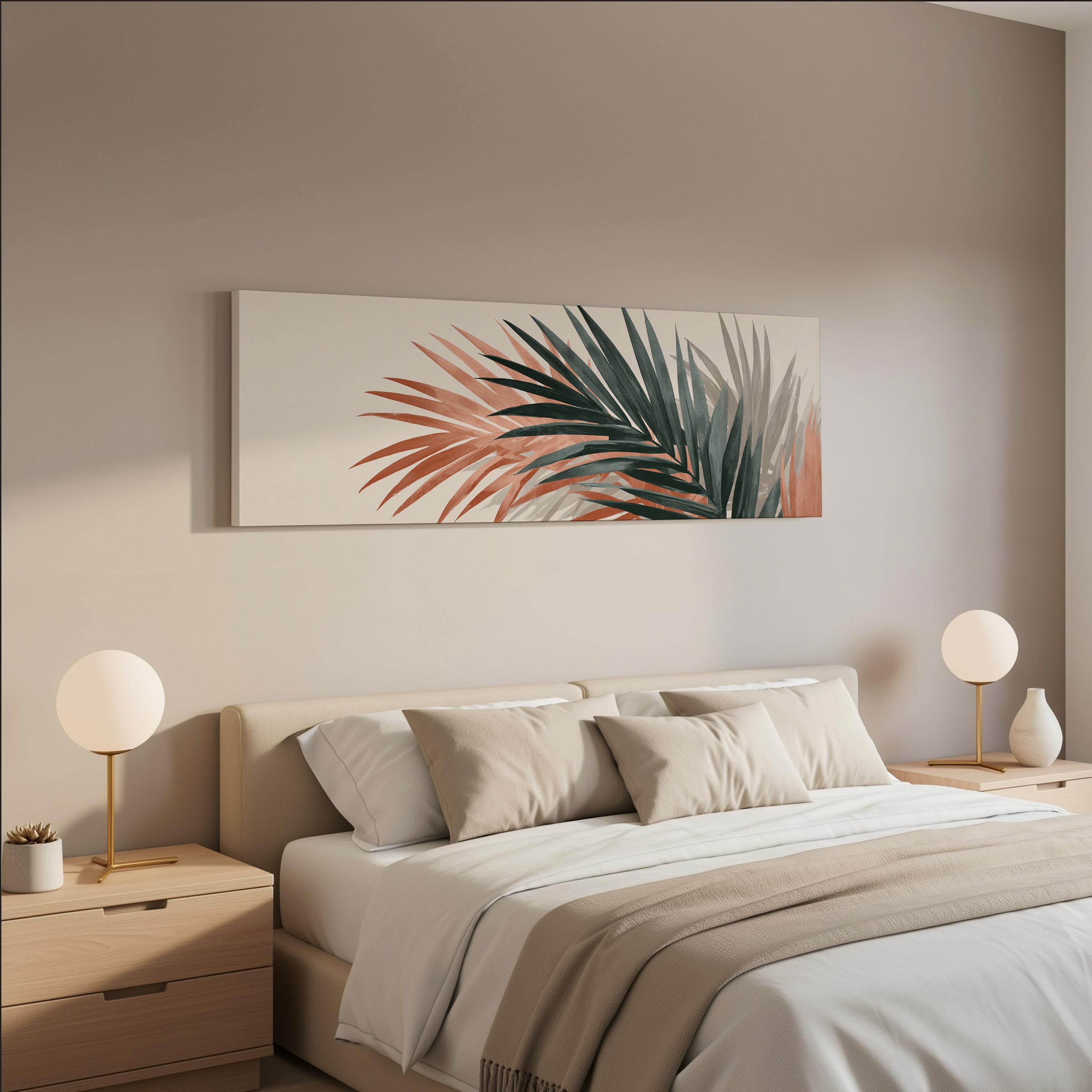a modern bedroom with a large bed, two nightstands with lamps, and a large wall art piece featuring palm leaves in various shades of green and orange.
