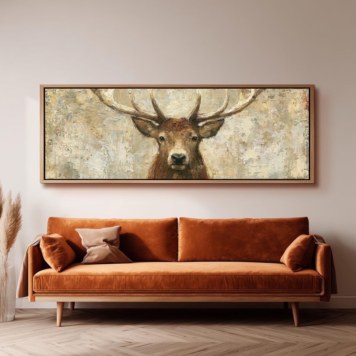 Rustic stag portrait panoramic canvas print above a sofa in a living room