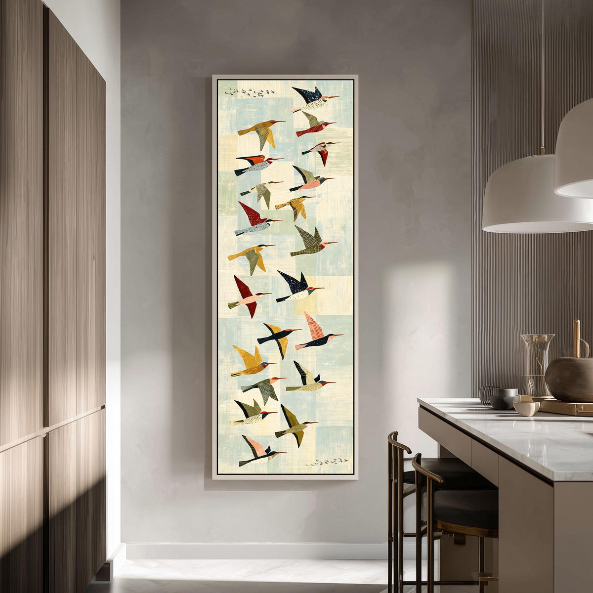 Collage of colorful birds in flight tall skinny canvas print in a modern kitchen