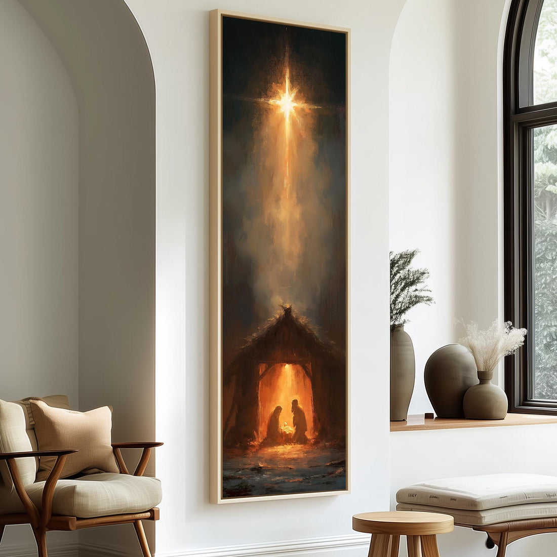Star of Bethlehem shining over the manger long vertical canvas print in a sunlit living space