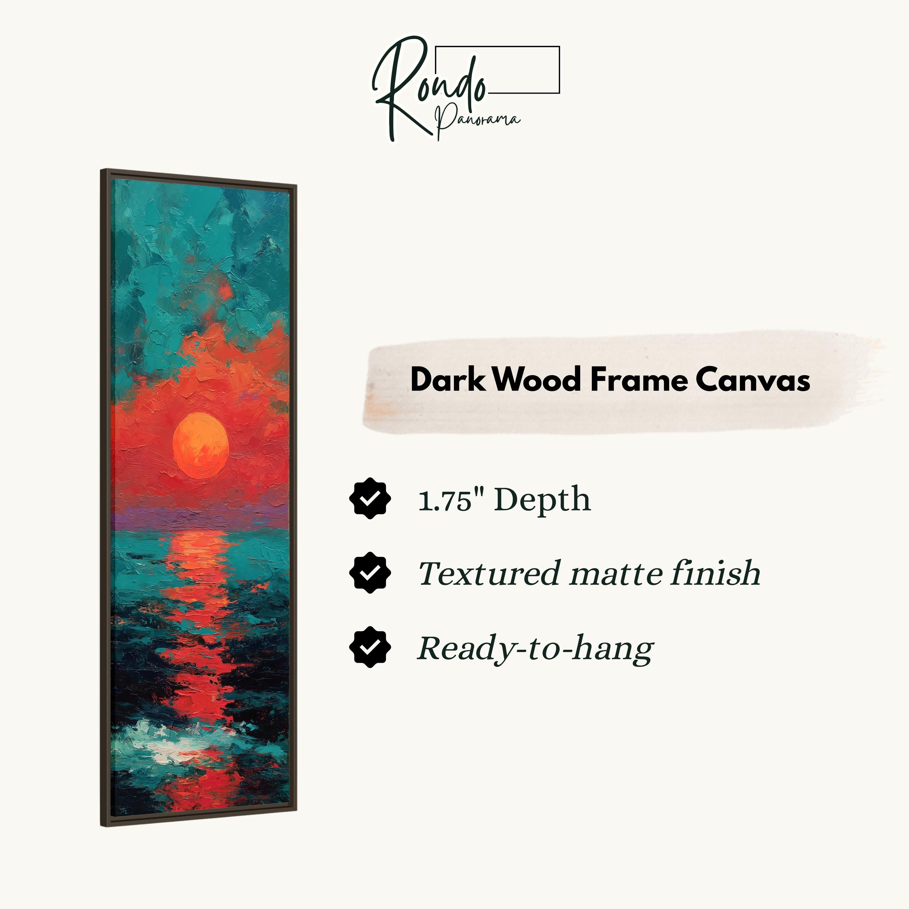 The image is a dark wood frame canvas depicting a sunset over water.