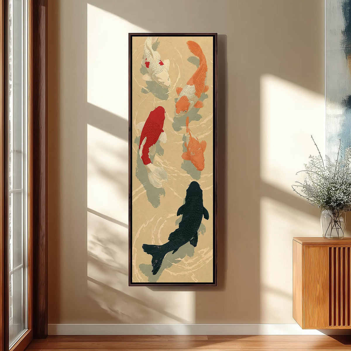 Koi fish pond tall skinny canvas print in a sunlit living space