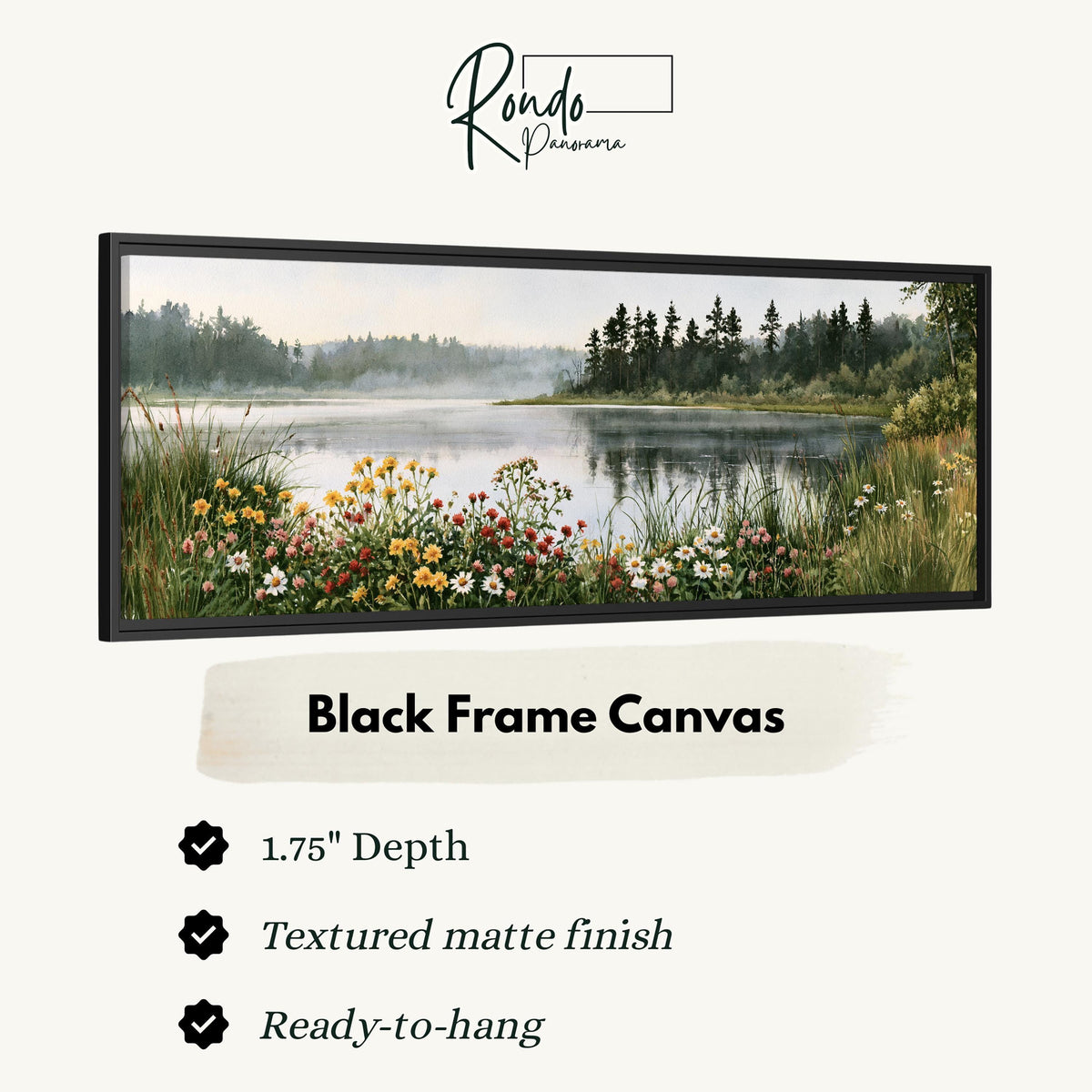 Lake with wildflowers on the shore canvas print in a black floating frame