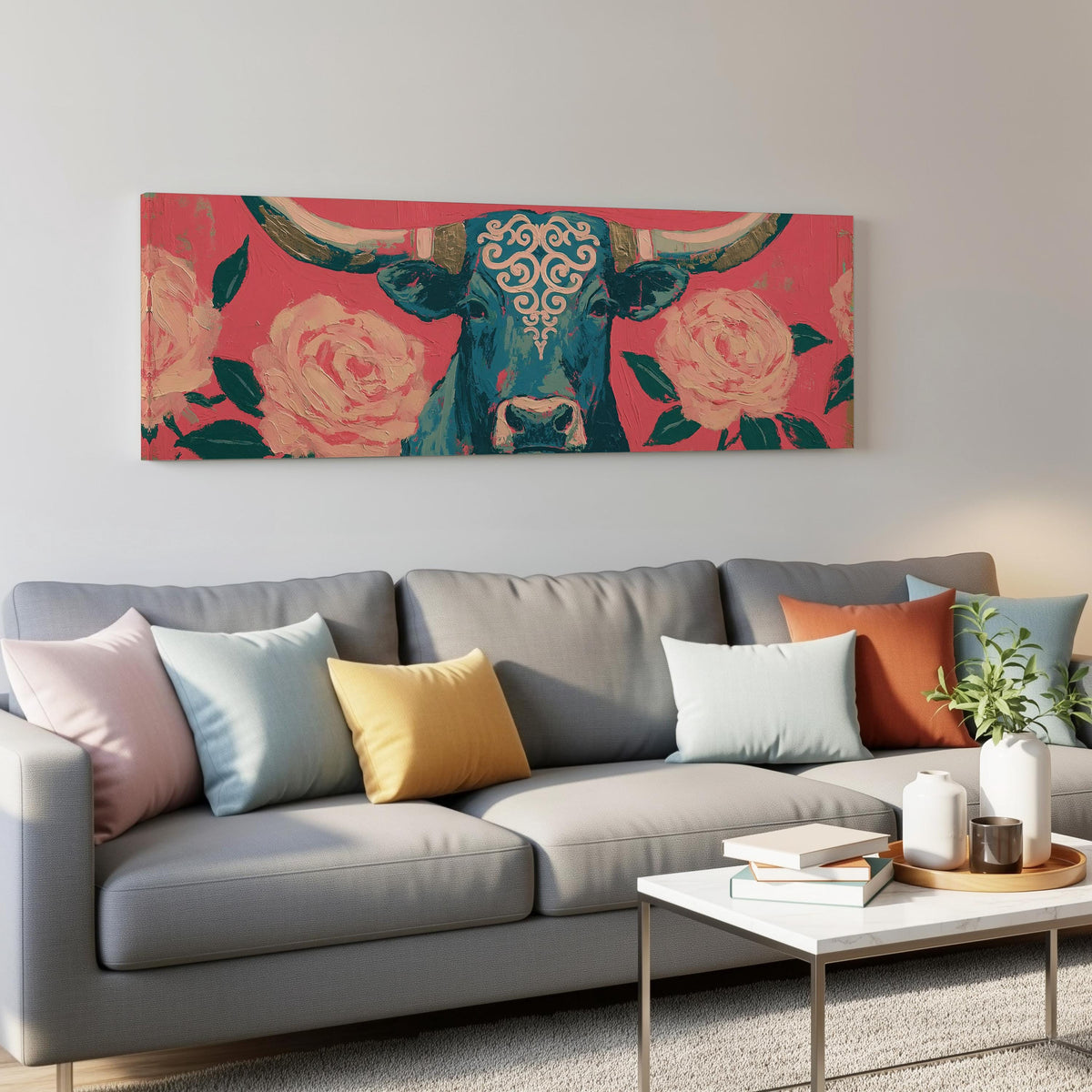 Longhorn with pink roses panoramic canvas print above a grey sofa in a living room