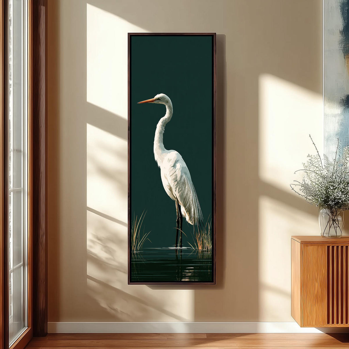 Great egret standing on dark green tall narrow canvas print beside a staircase in an entryway