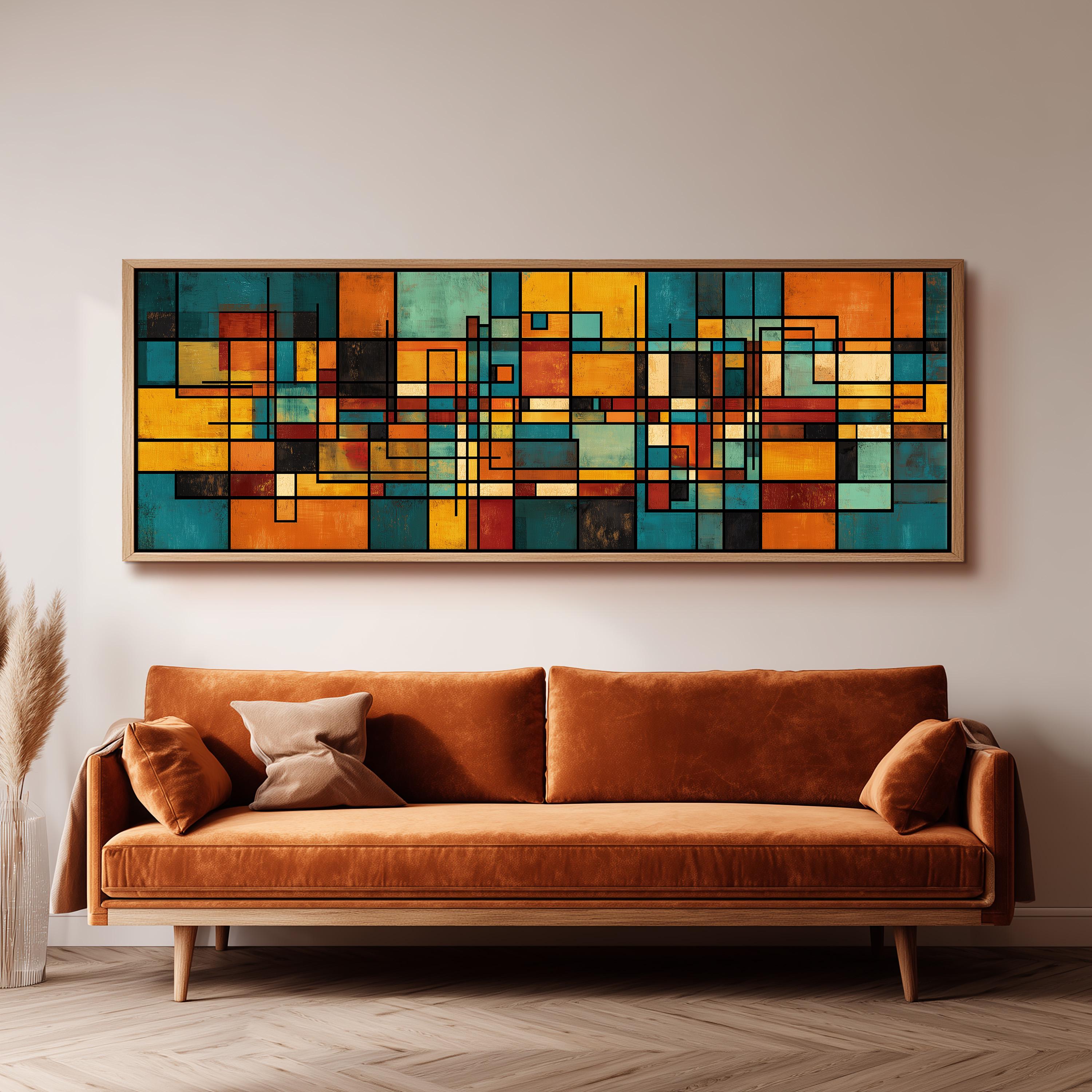 a large abstract painting hanging on a wall above a brown sofa with two pillows.