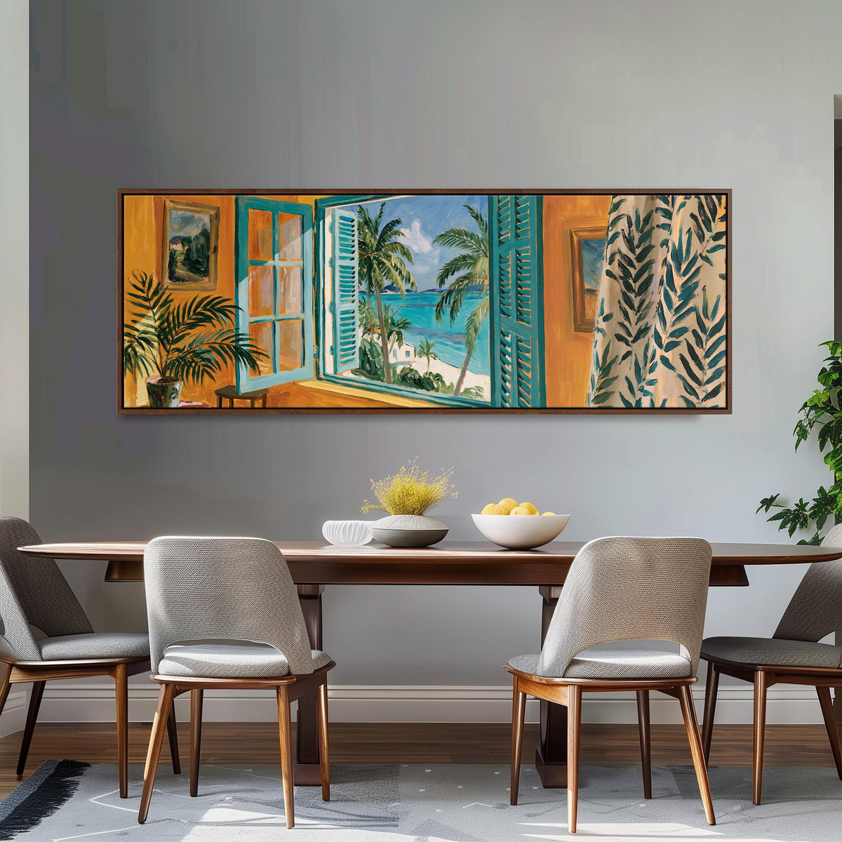 Beach house window overlooking palms and sea long horizontal canvas print above a dining table