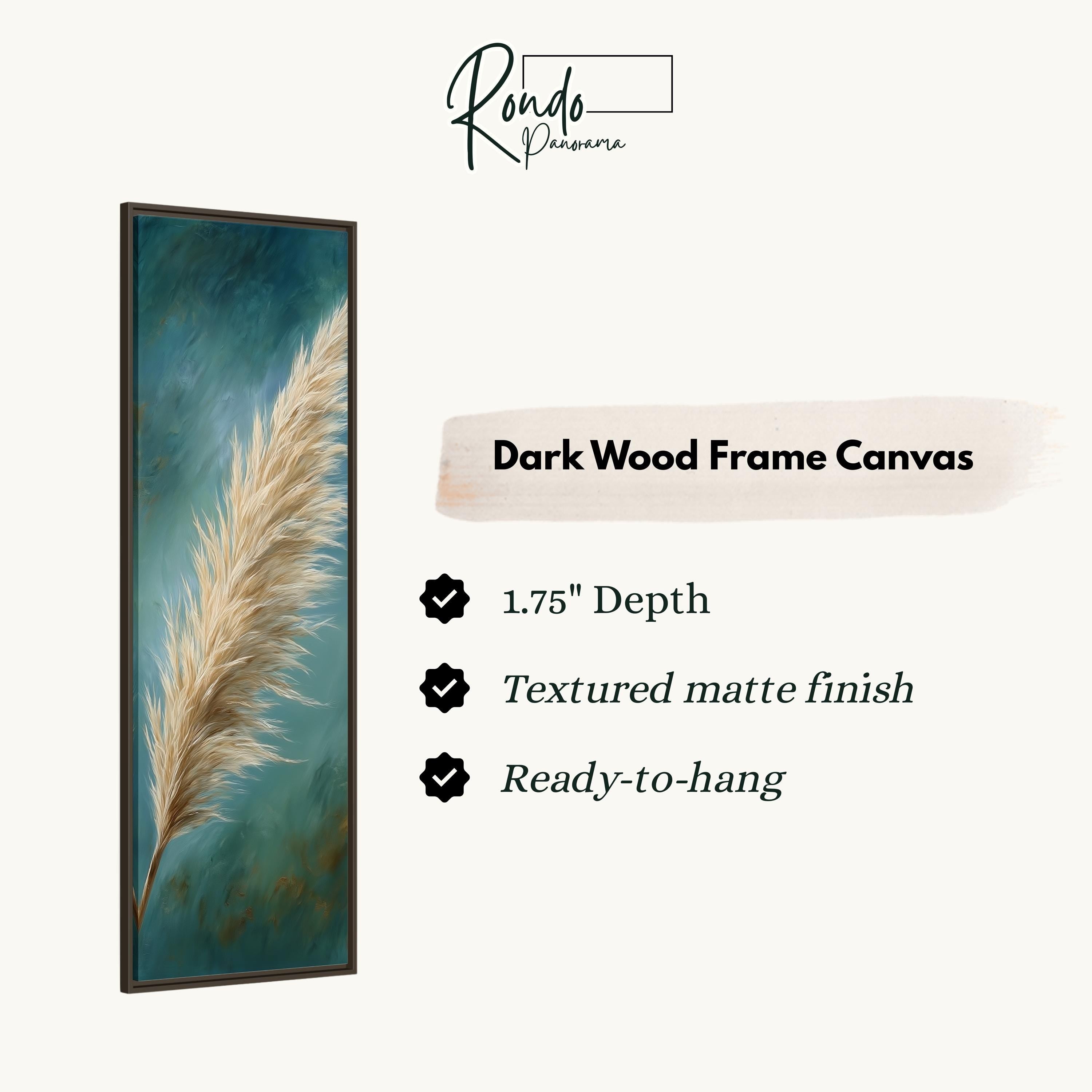 The image is a dark wood frame canvas featuring a close-up of a feather-like object against a teal background.