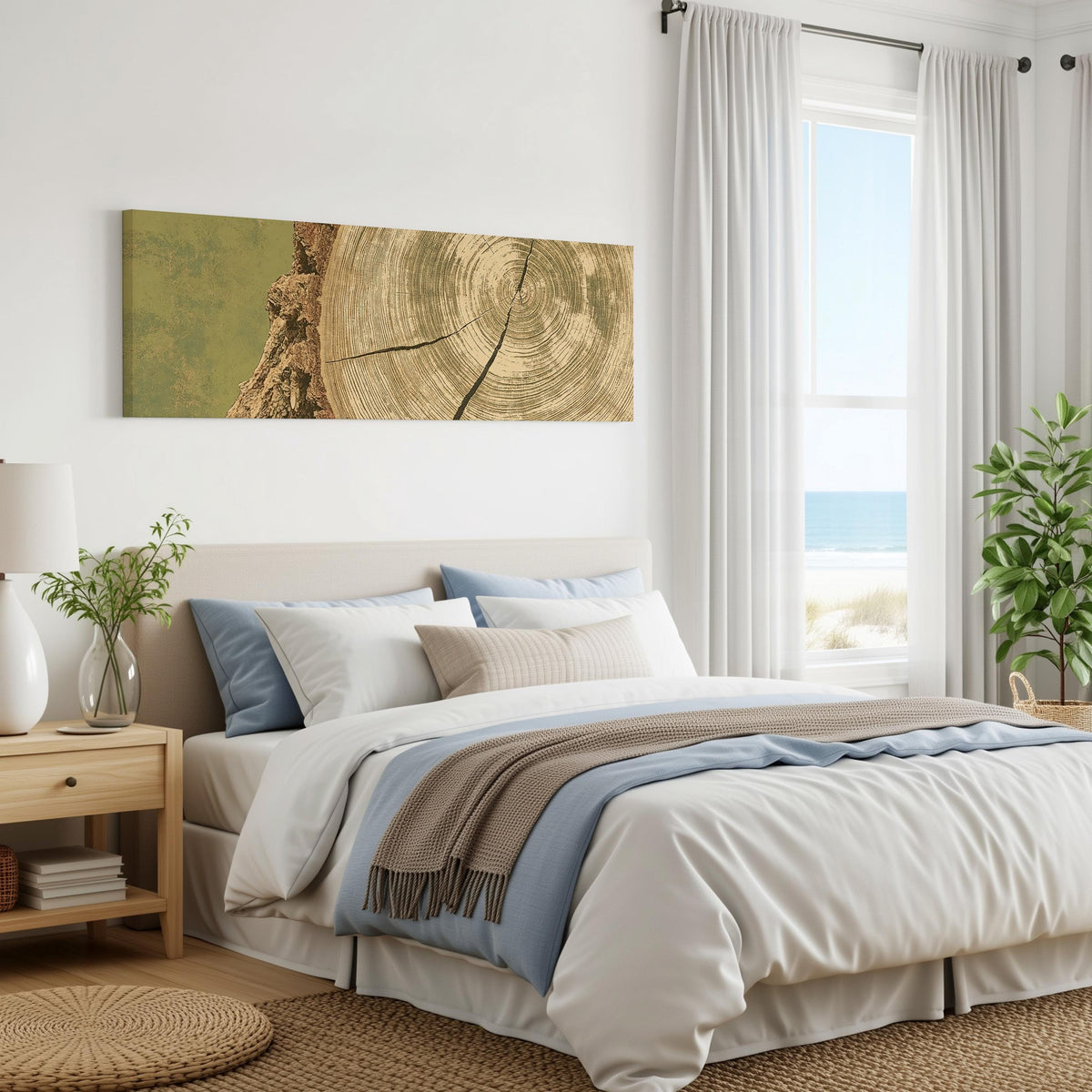 Golden tree ring wood grain panoramic canvas print above a bed in a coastal bedroom