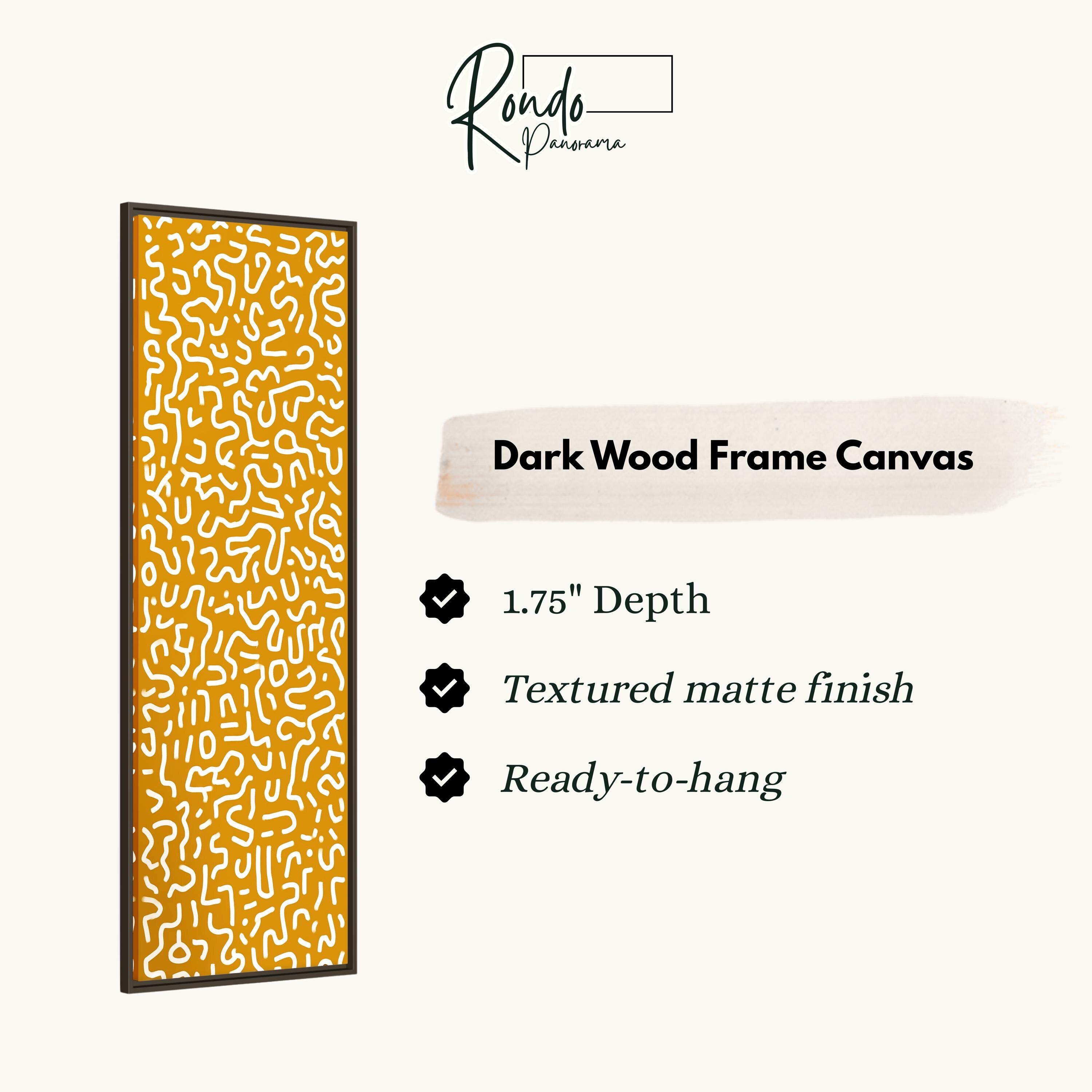 The image is a product description for a dark wood frame canvas. It features a 1.75" depth, textured matte finish, and is ready to hang.