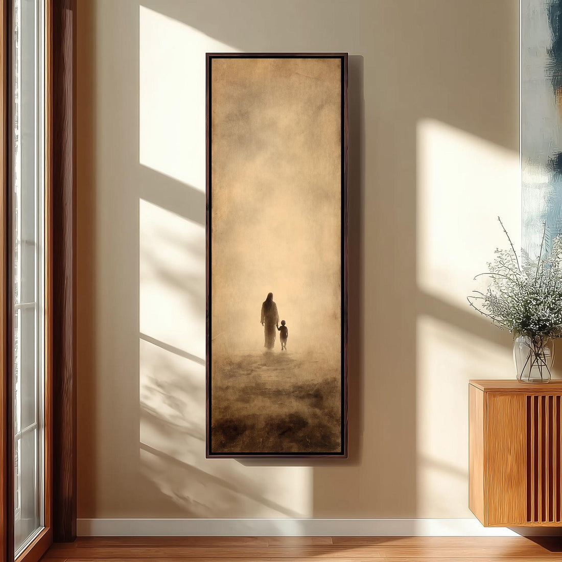 a serene indoor setting with a large painting of a person and child standing in a field, surrounded by a peaceful atmosphere.