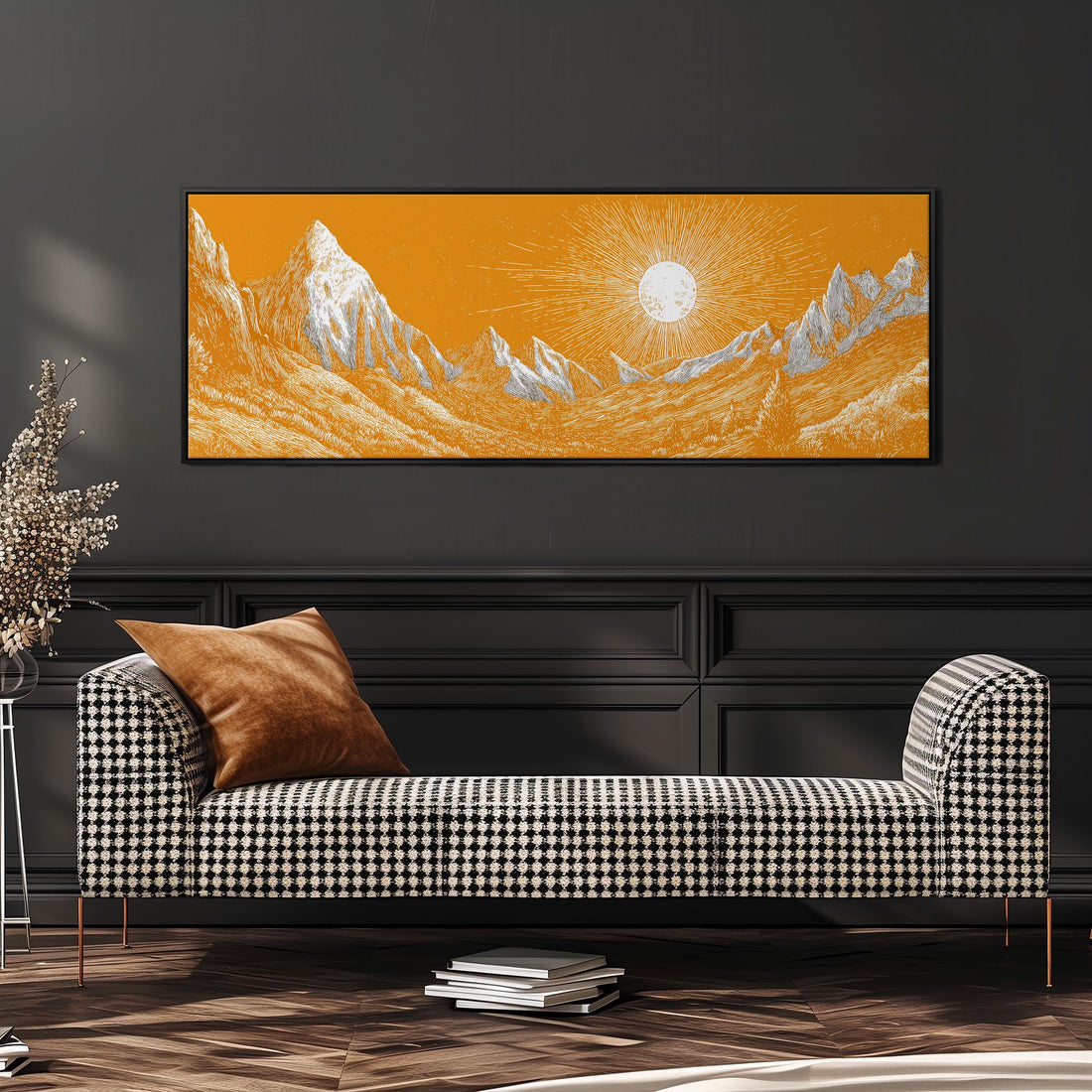 a large, vibrant orange landscape with a sun in the sky, set against a mountainous backdrop.