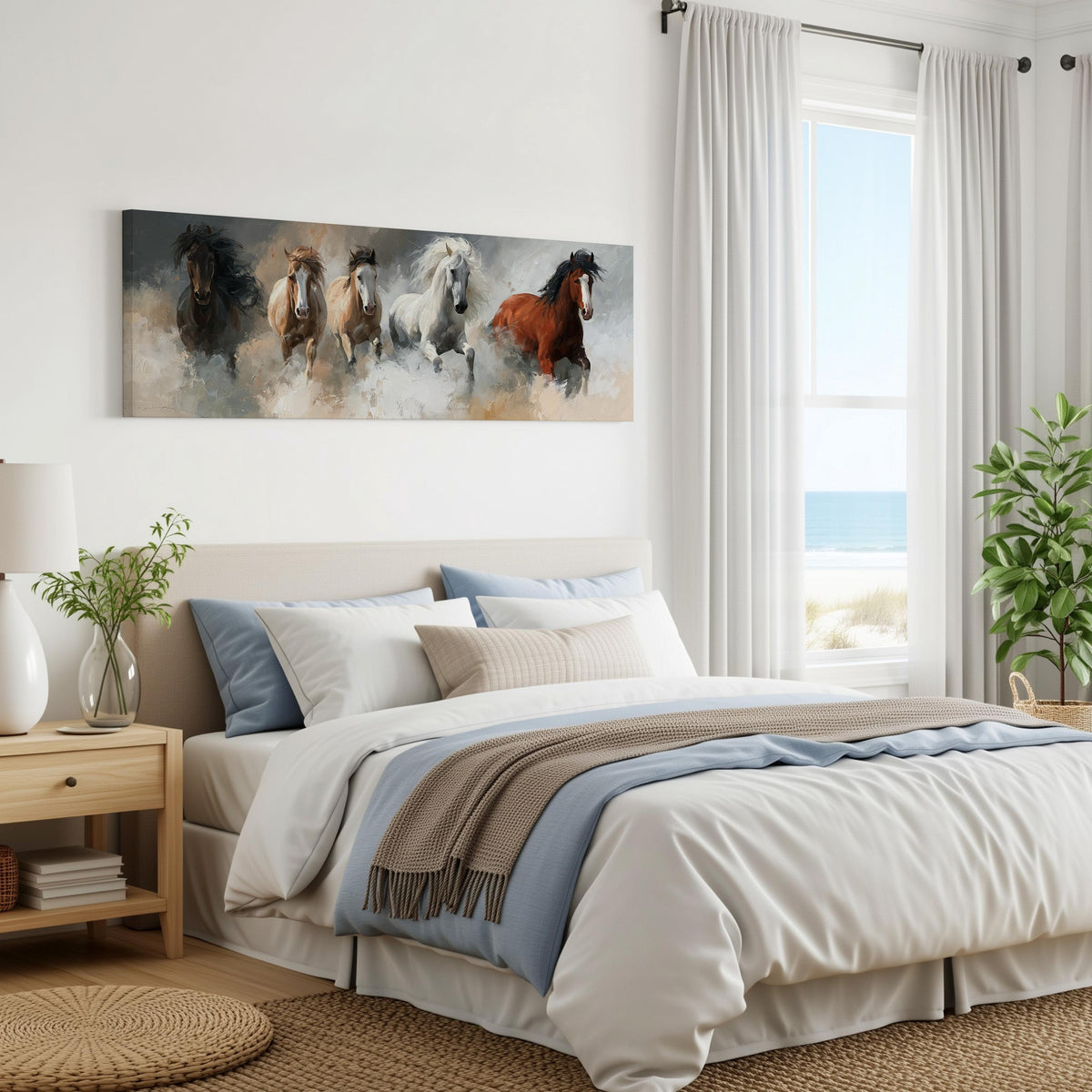 Five horses running through smoke panoramic canvas print above a bed in a coastal bedroom