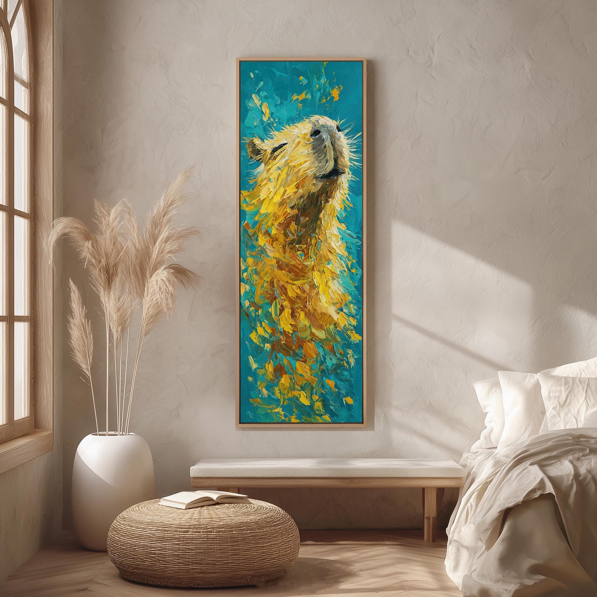 a large, colorful painting of a cat hanging on a wall in a room with a wooden floor and a white bed.