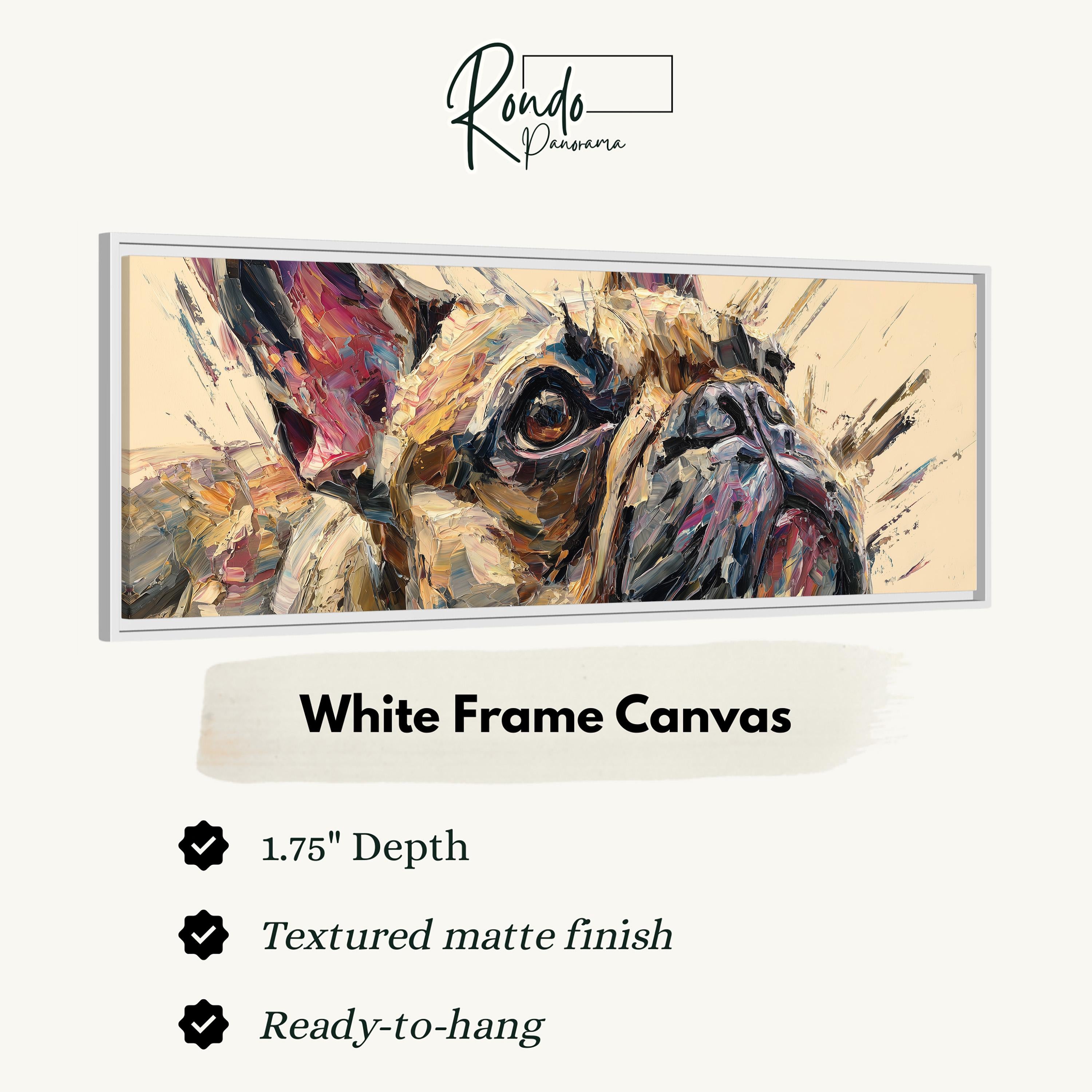 The image is a close-up of a dog's face in a white frame, with a text box below it providing information about the frame.