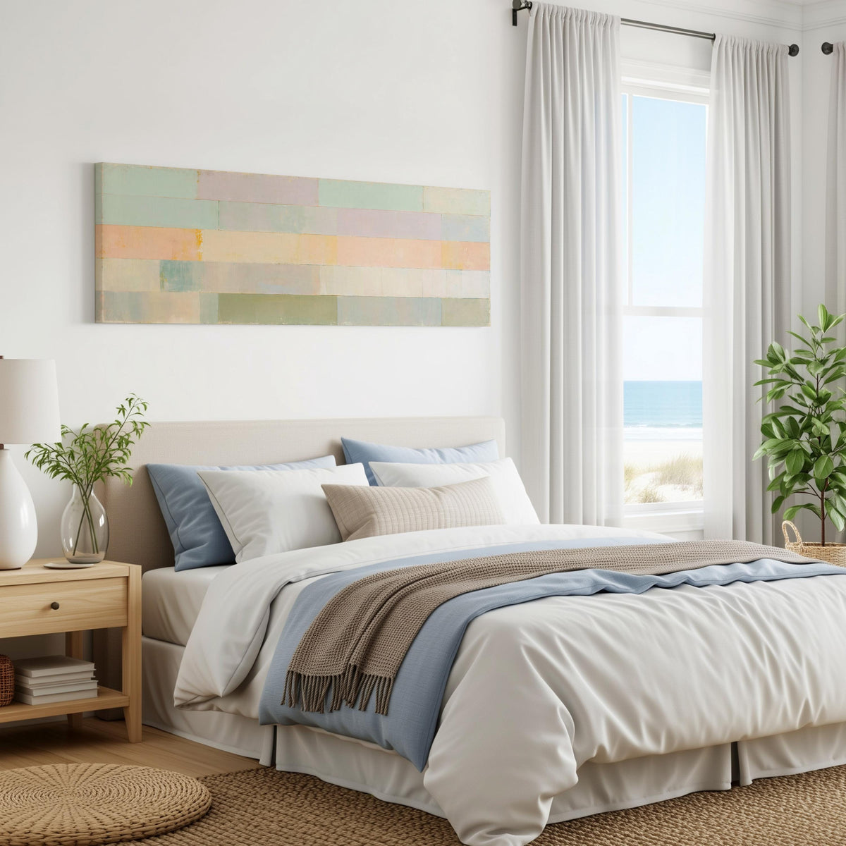 Soft lilac, mint and butter color bands panoramic canvas print above a bed in a coastal bedroom