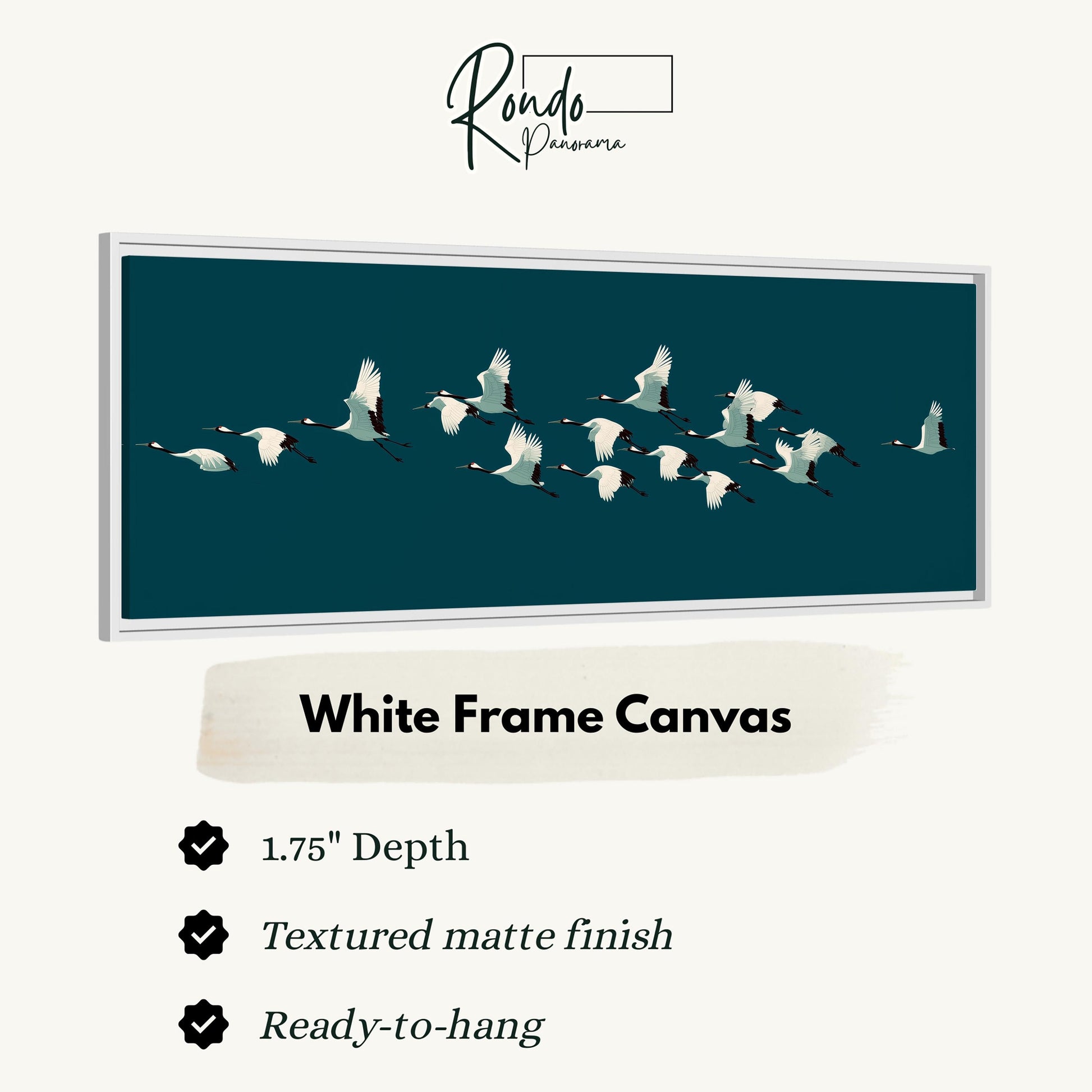 A white frame canvas depicting a flock of white birds in flight.