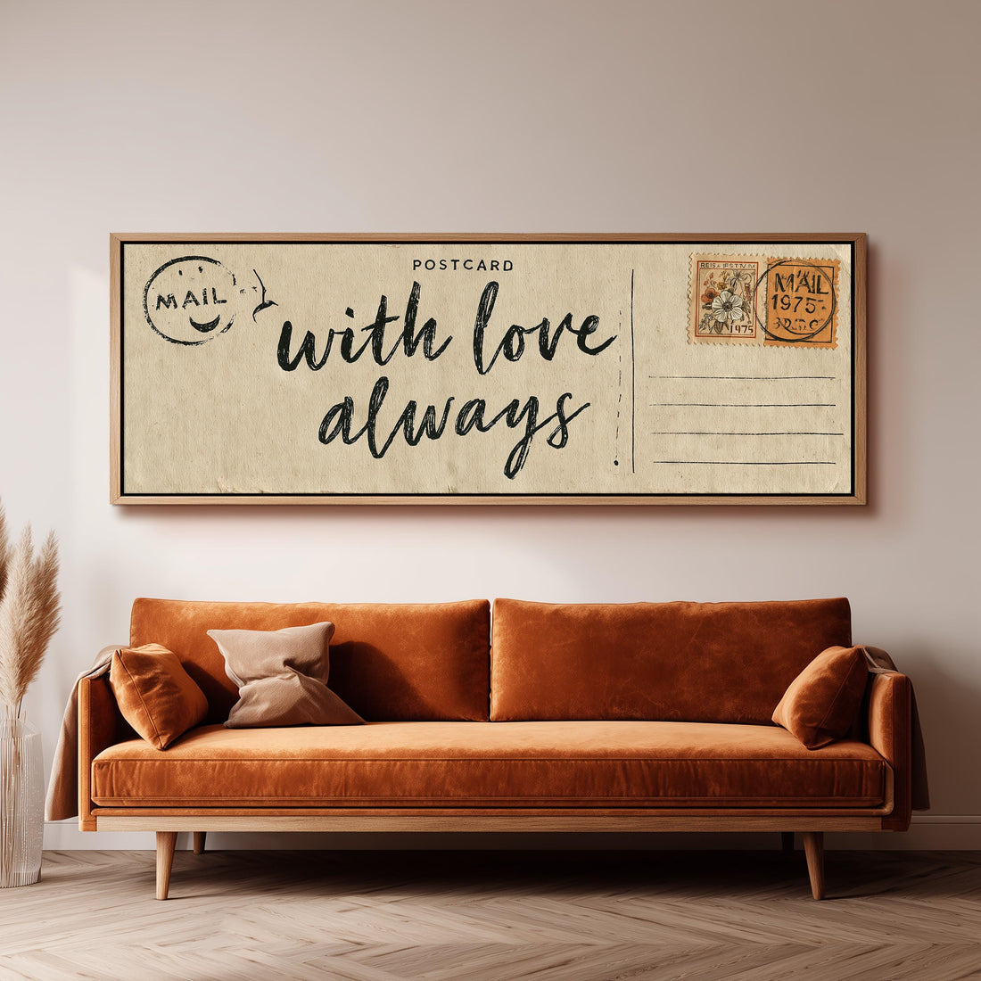 Vintage postcard saying with love always long horizontal canvas print above a sofa in a living room