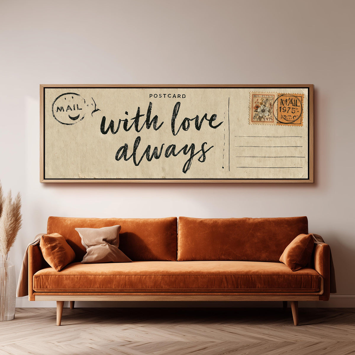 Vintage postcard saying with love always panoramic canvas print above a sofa in a living room