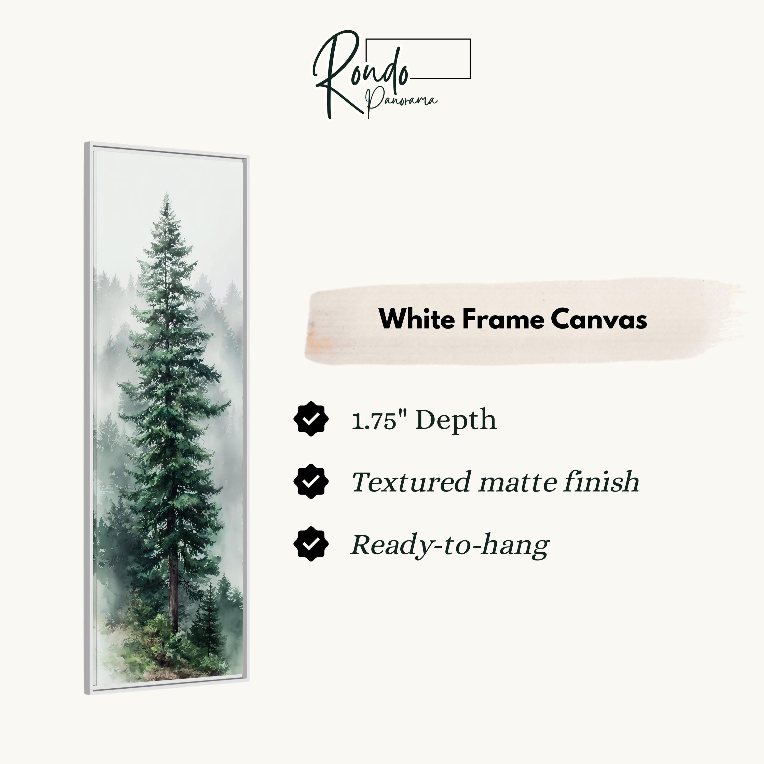 a tall, green pine tree in a forest setting, with a white frame surrounding it.