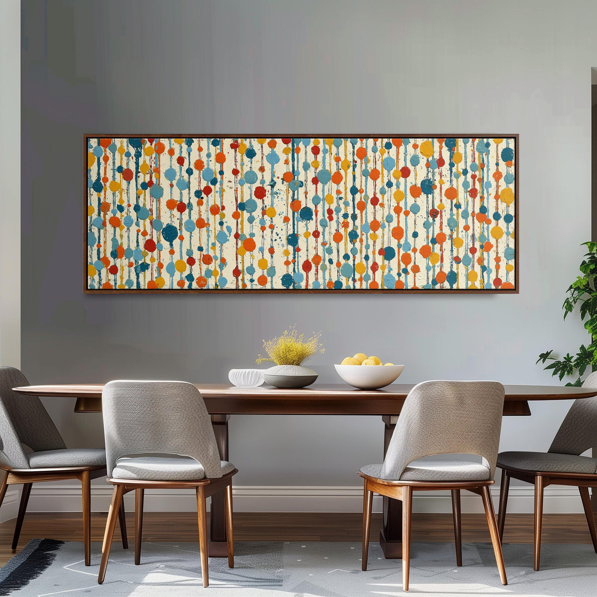Strings of colorful polka dot blooms long horizontal canvas print above a dining table