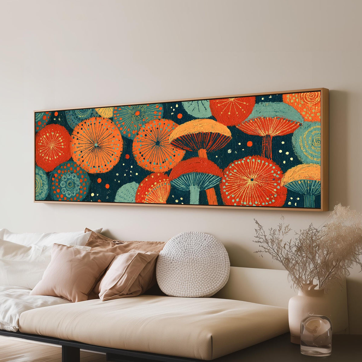 Orange and teal mushroom starburst panoramic canvas print above a sofa in a living room