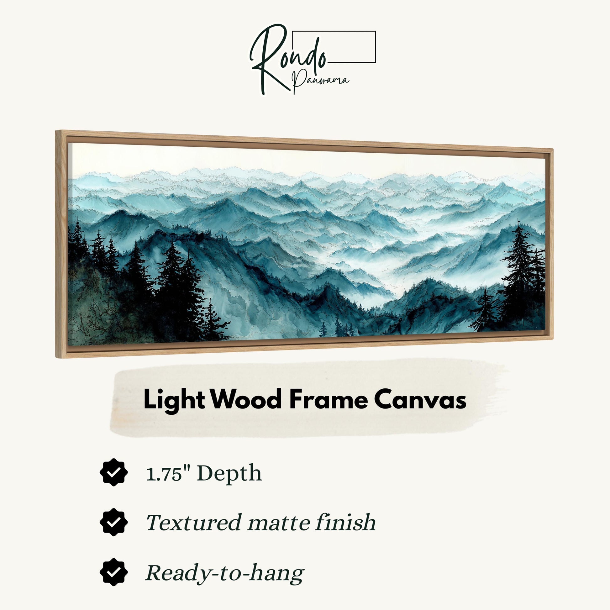The image is a framed artwork depicting a serene mountain landscape with pine trees and misty peaks.