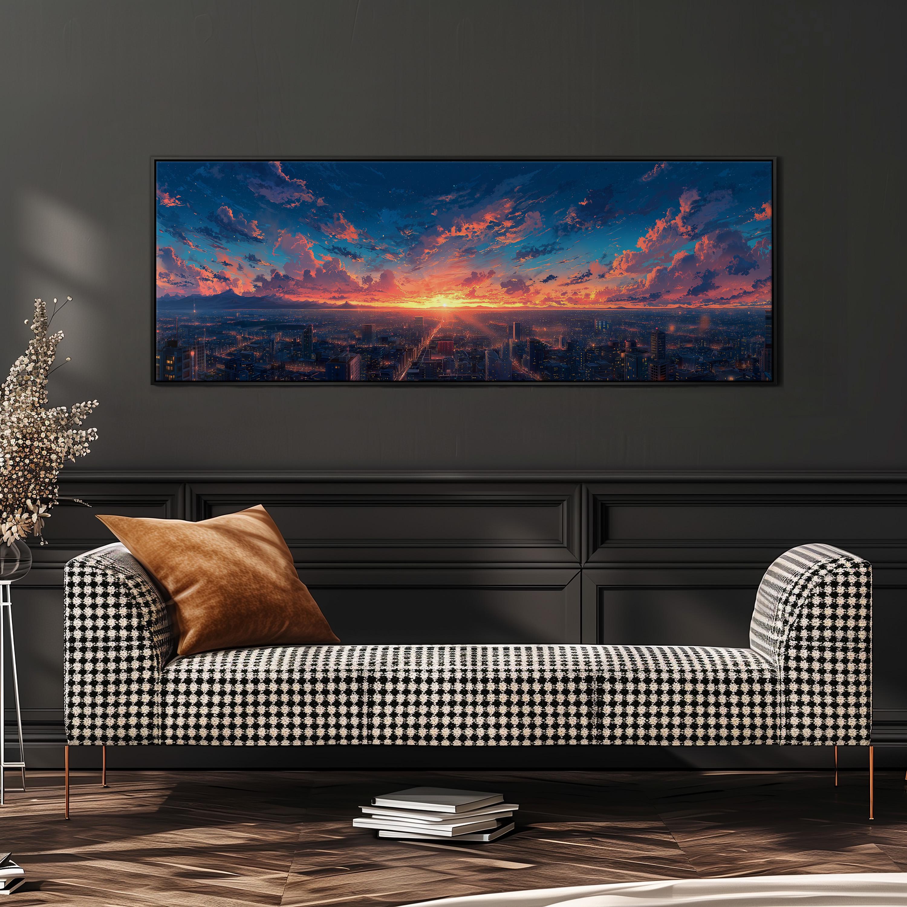 a large, colorful painting of a cityscape with a sunset in the background, hanging on a wall above a black and white checkered sofa.
