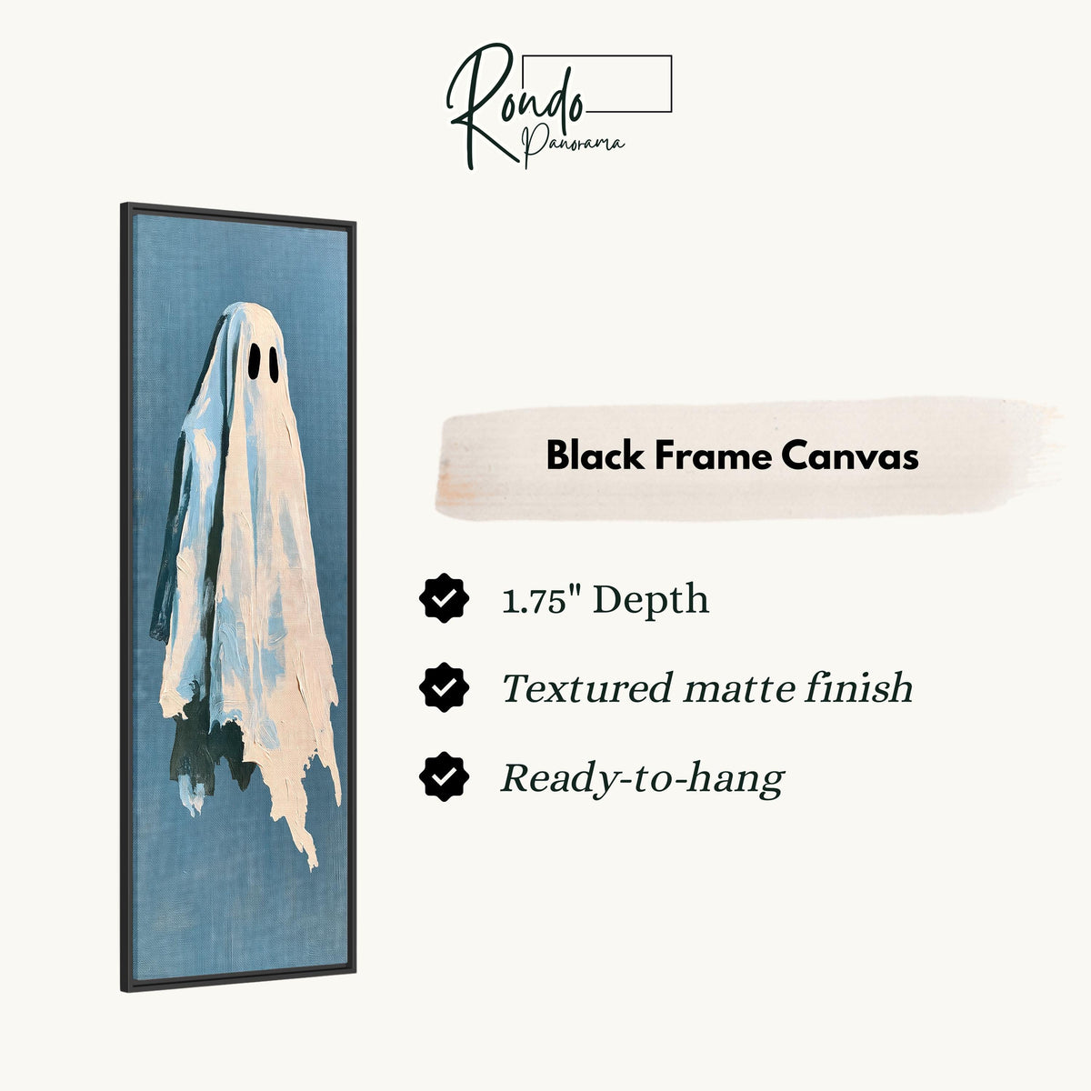 Folk art ghost on blue canvas print in a black floating frame