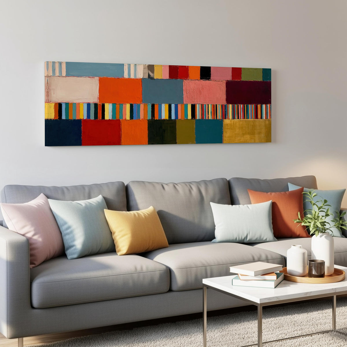Rainbow patchwork color bands panoramic canvas print above a grey sofa in a living room