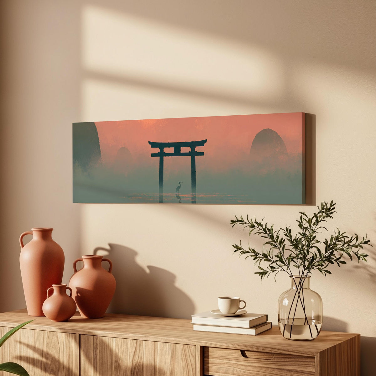 Torii gate and heron in pink mist long horizontal canvas print above a wooden sideboard