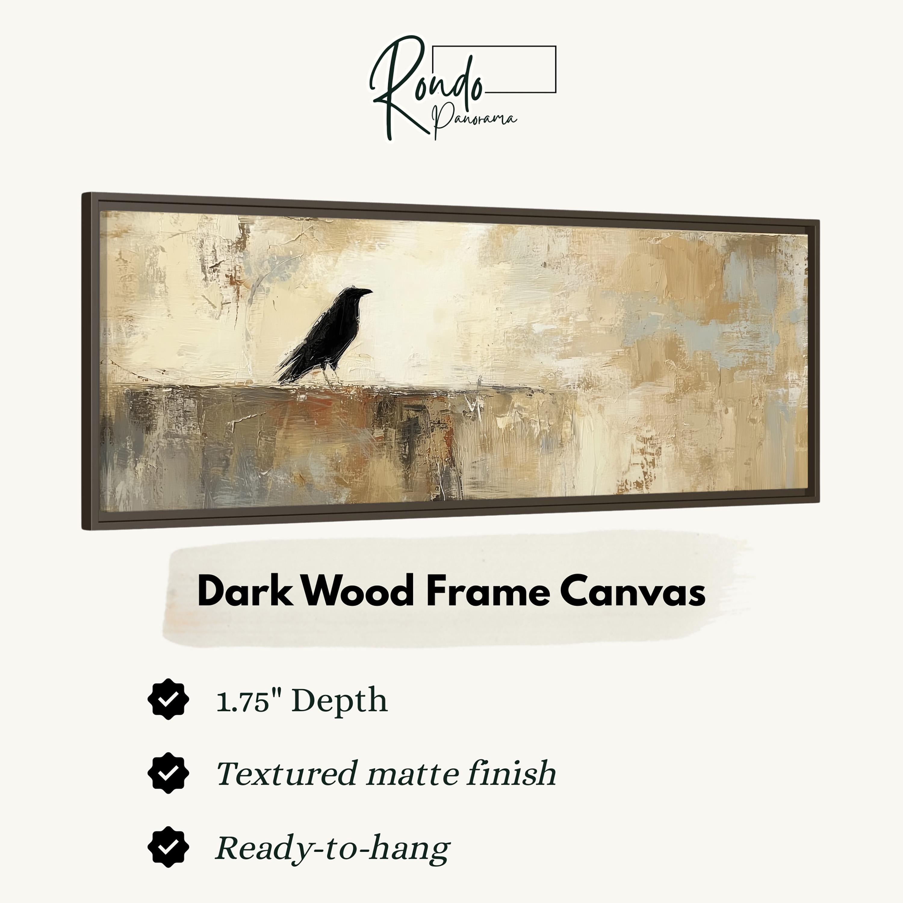 The image is a framed artwork depicting a black bird perched on a rock.