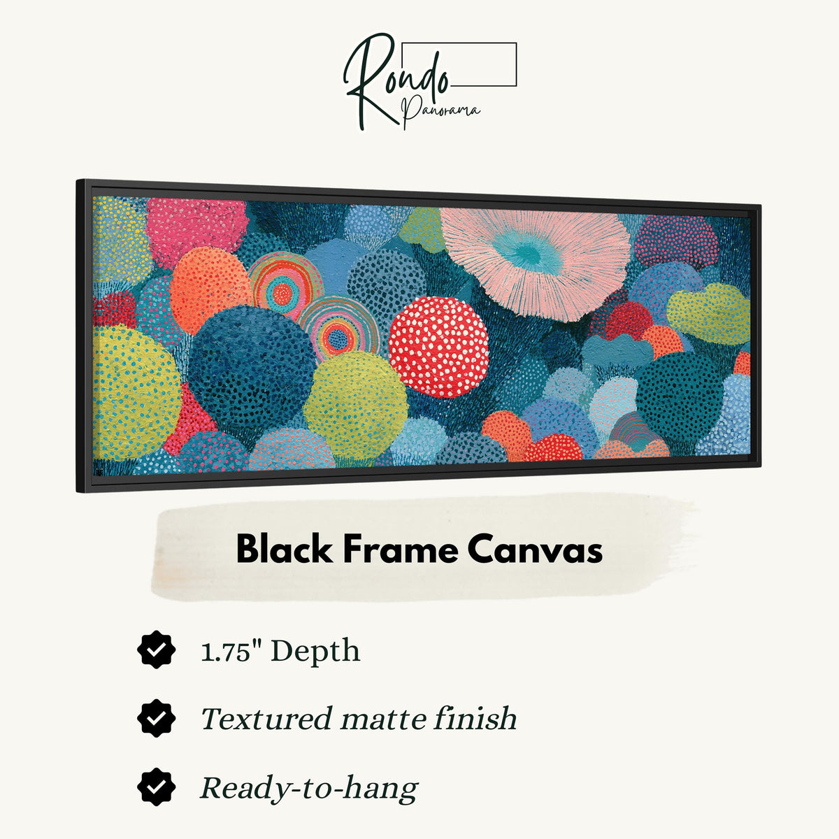 Coral spirals and dotted circles canvas print in a black floating frame