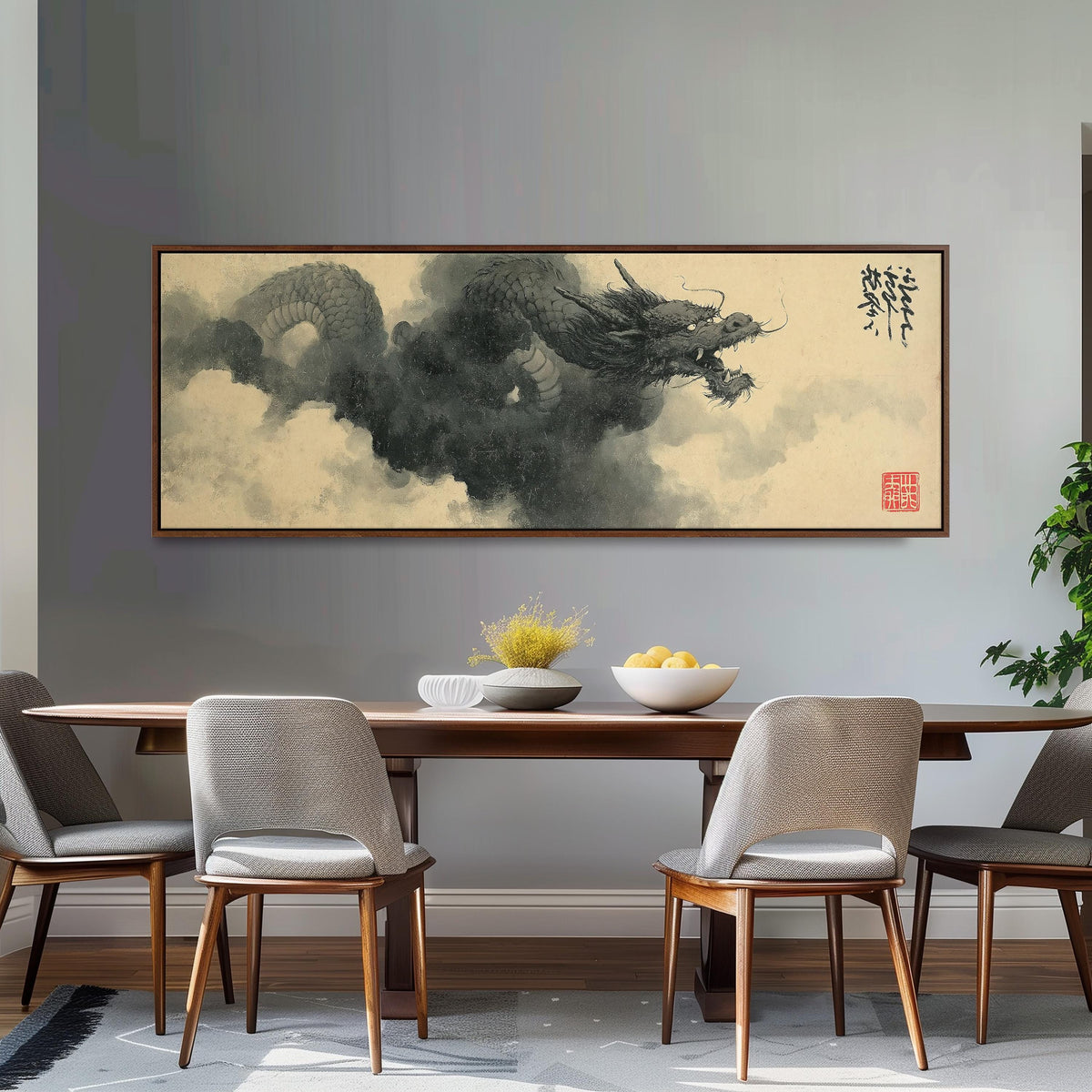 Storm dragon emerging from ink clouds long horizontal canvas print displayed on a wall