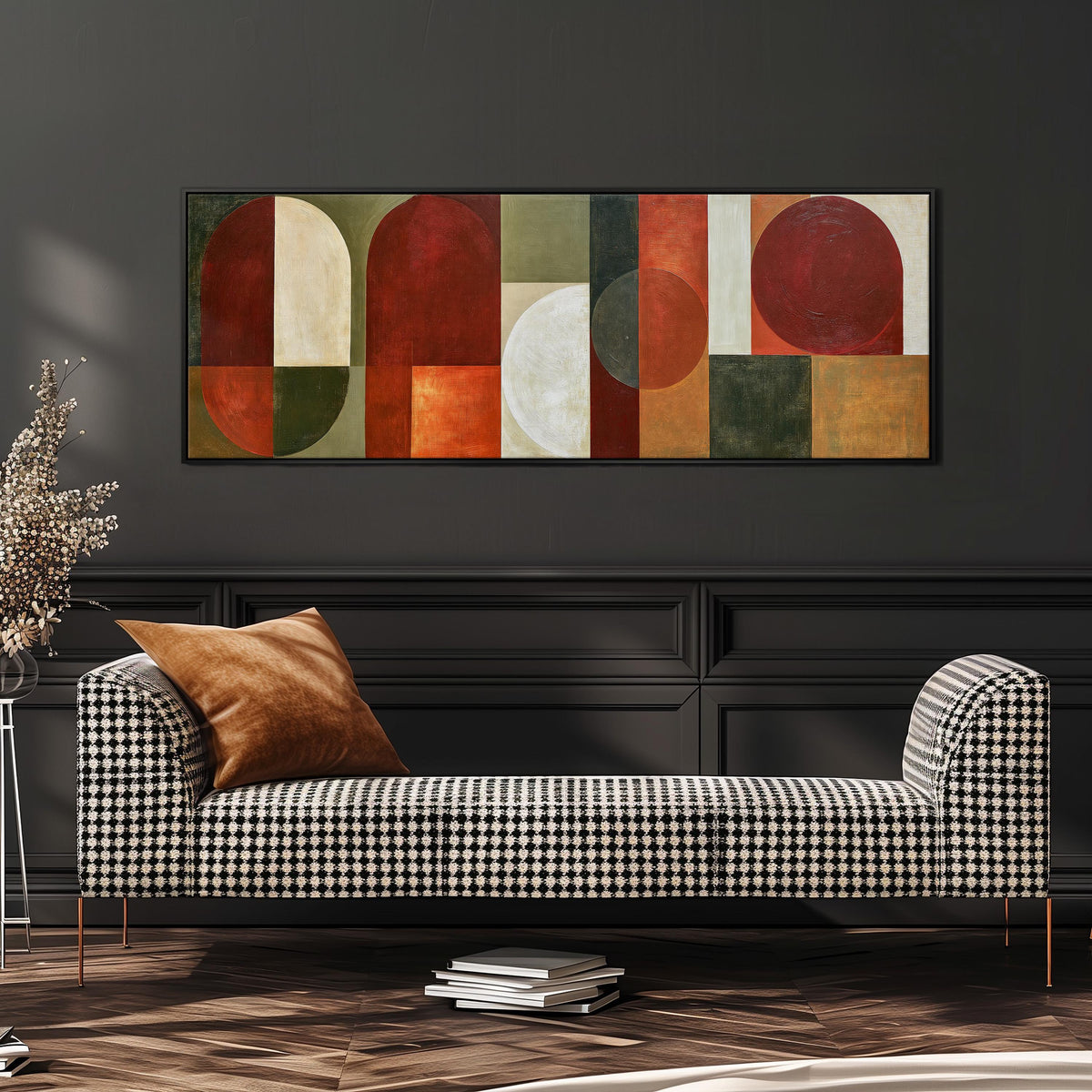 Maroon and olive geometric arches wide panoramic canvas print above a bench in a dark living room