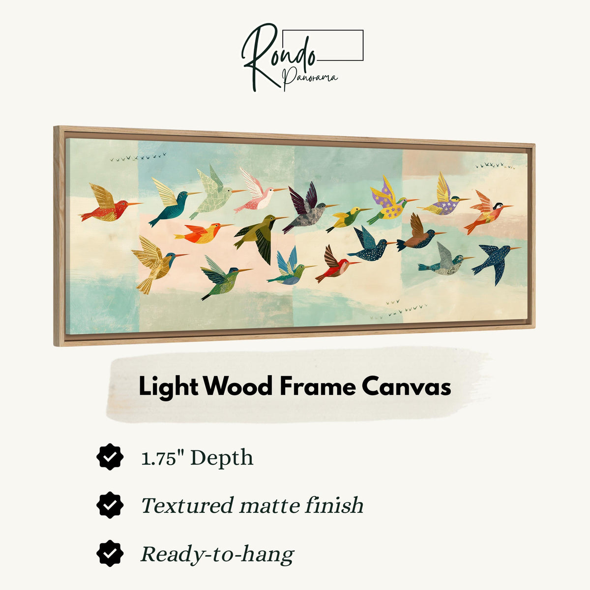Flock of colorful hummingbirds canvas print in a light wood floating frame