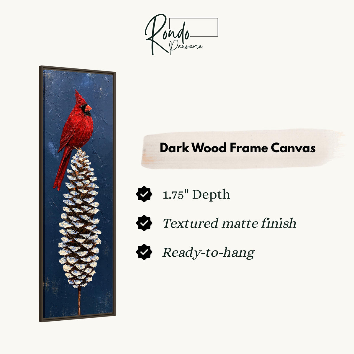Red cardinal perched on a snowy pinecone canvas print in a dark wood floating frame